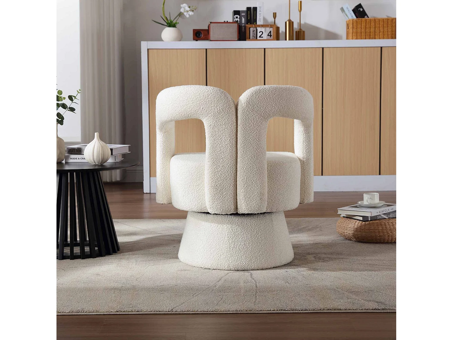 Fauteuil beige - Fauteuil rond avec coussins larges et accoudoirs - peluche - pour salons et chambres