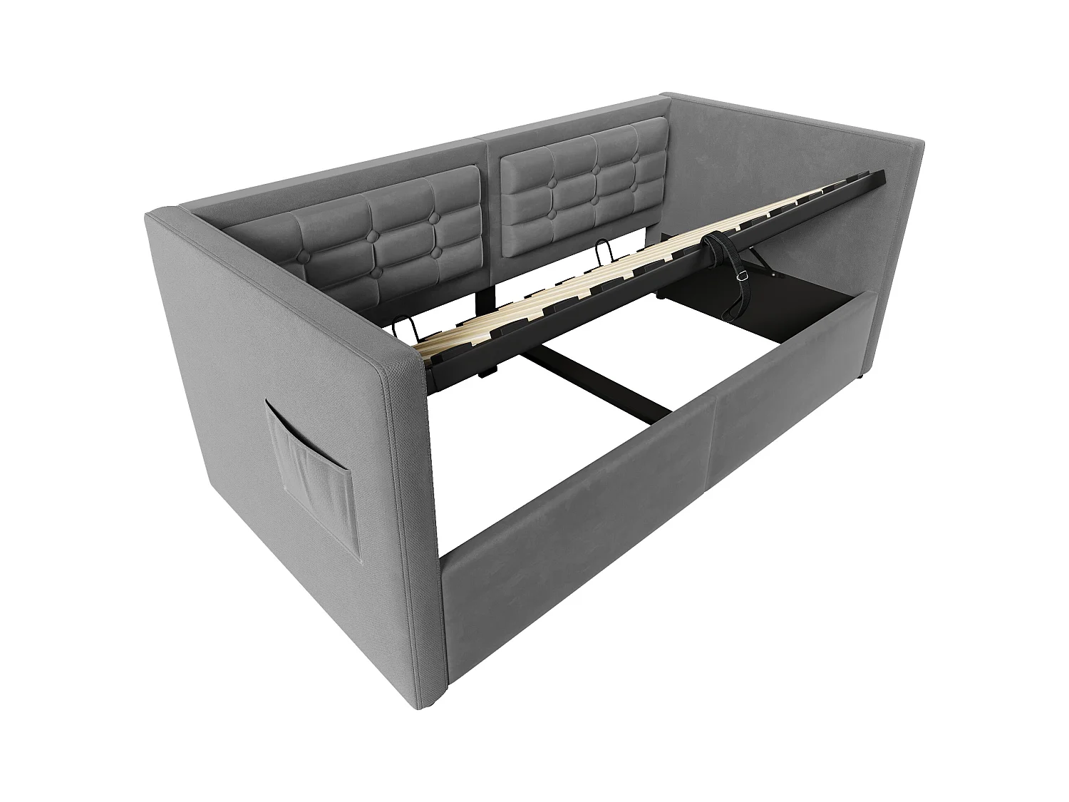 Lit coffre 90x200 cm - Lit simple avec chargeur USB et sac de rangement - velours gris - sans matelas