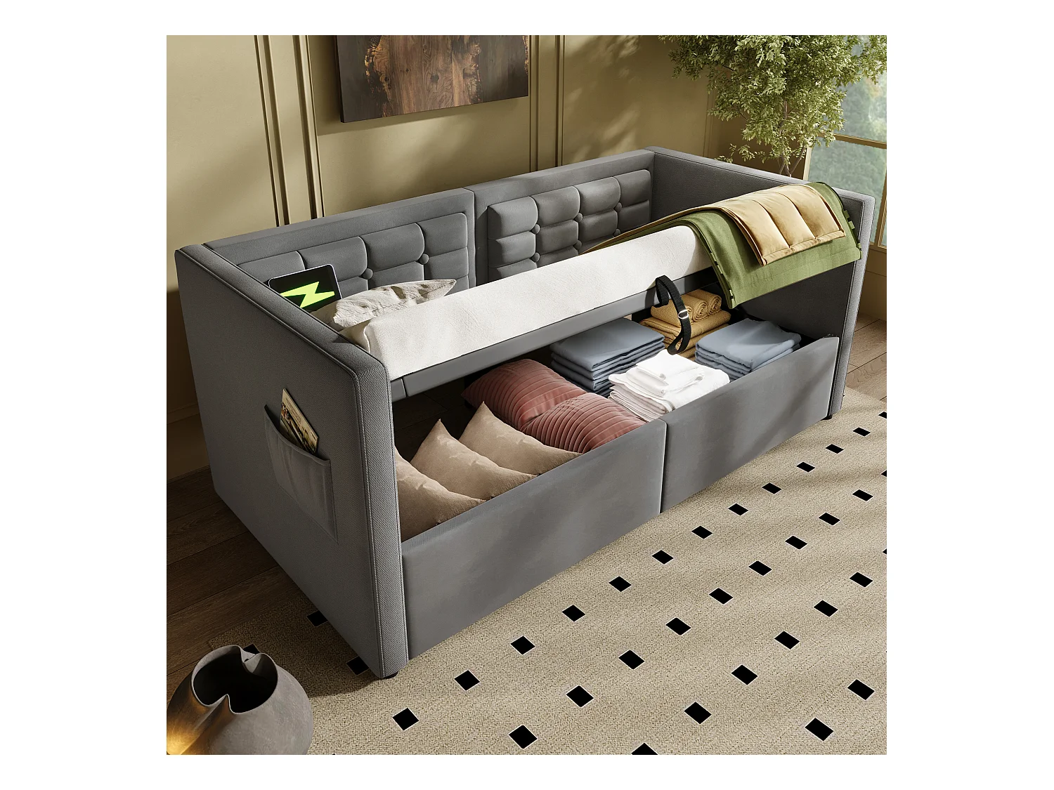 Lit coffre 90x200 cm - Lit simple avec chargeur USB et sac de rangement - velours gris - sans matelas