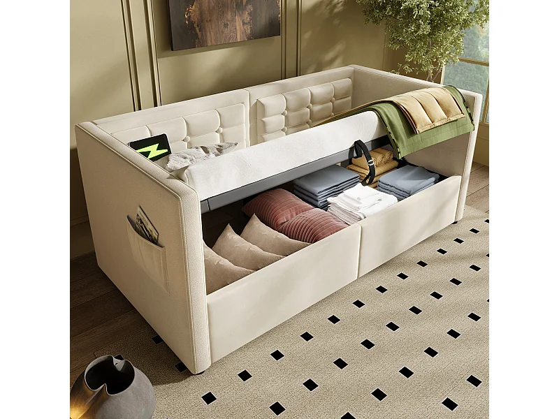Lit coffre 90x200 cm - Lit simple avec chargeur USB et sac de rangement - velours beige - sans matelas