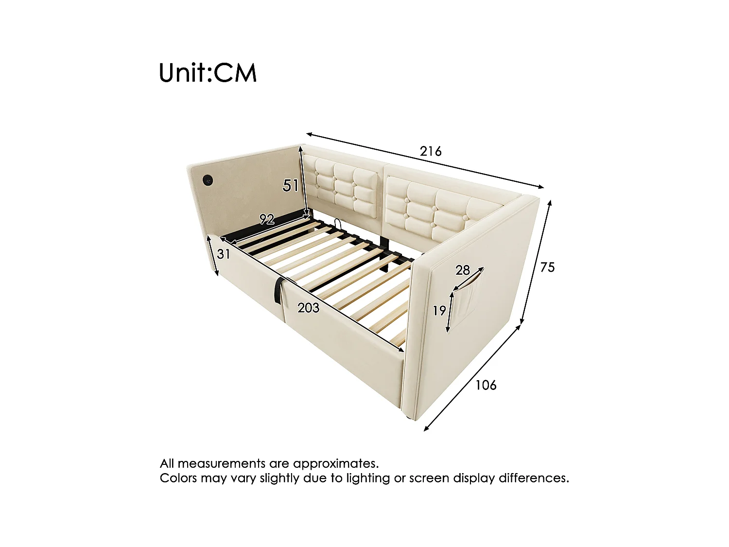 Lit coffre 90x200 cm - Lit simple avec chargeur USB et sac de rangement - velours beige - sans matelas