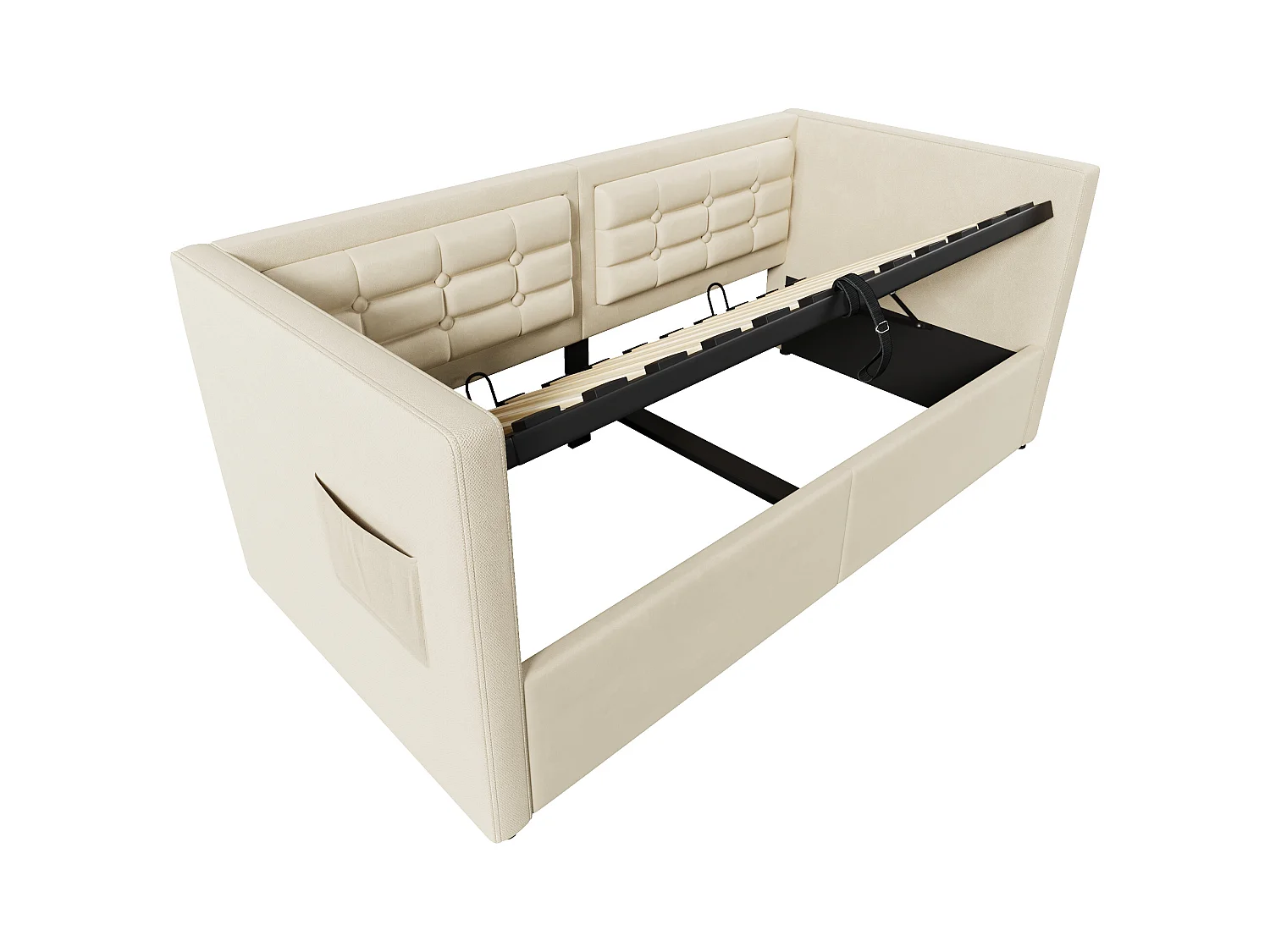 Lit coffre 90x200 cm - Lit simple avec chargeur USB et sac de rangement - velours beige - sans matelas