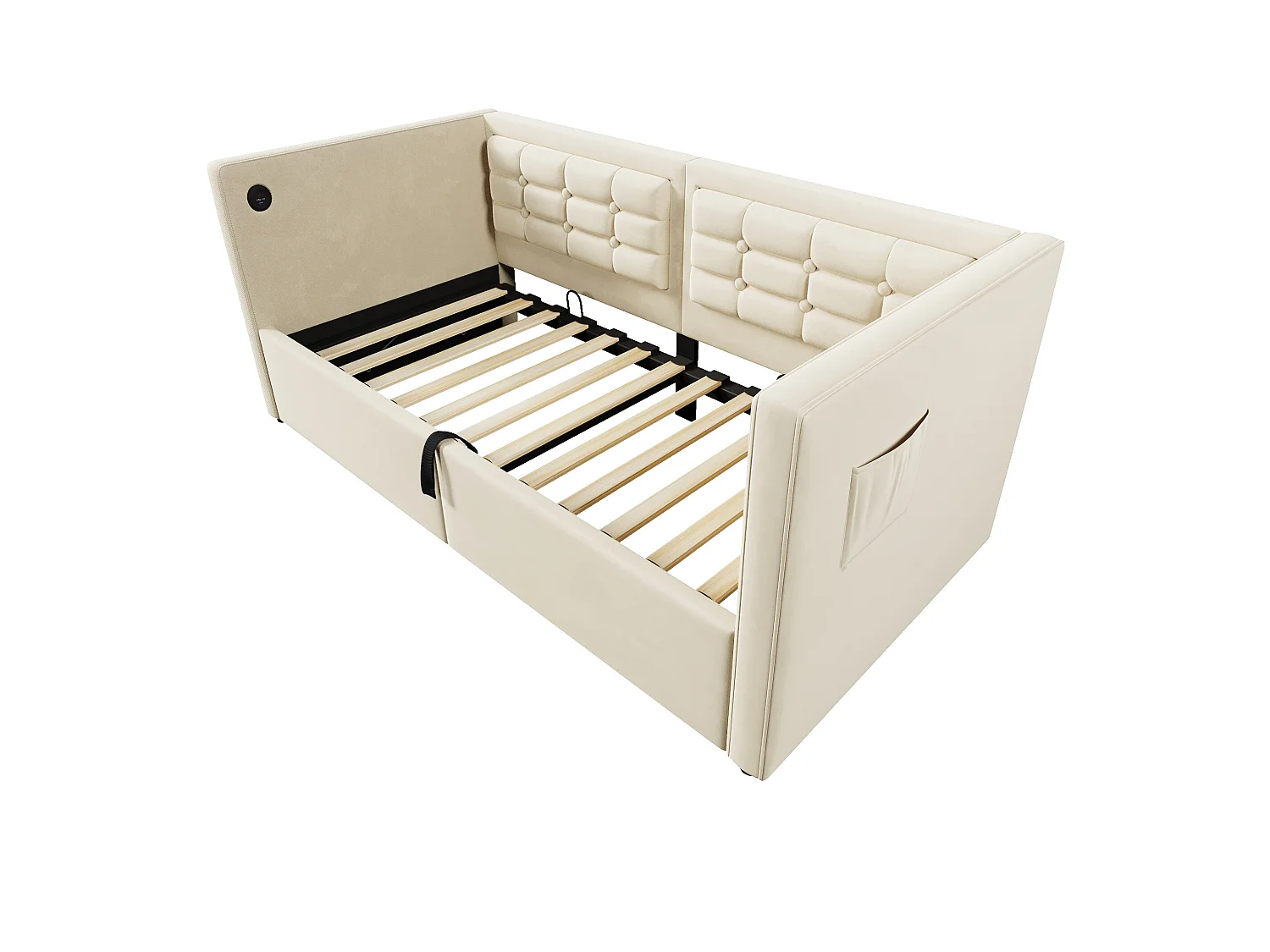 Lit coffre 90x200 cm - Lit simple avec chargeur USB et sac de rangement - velours beige - sans matelas