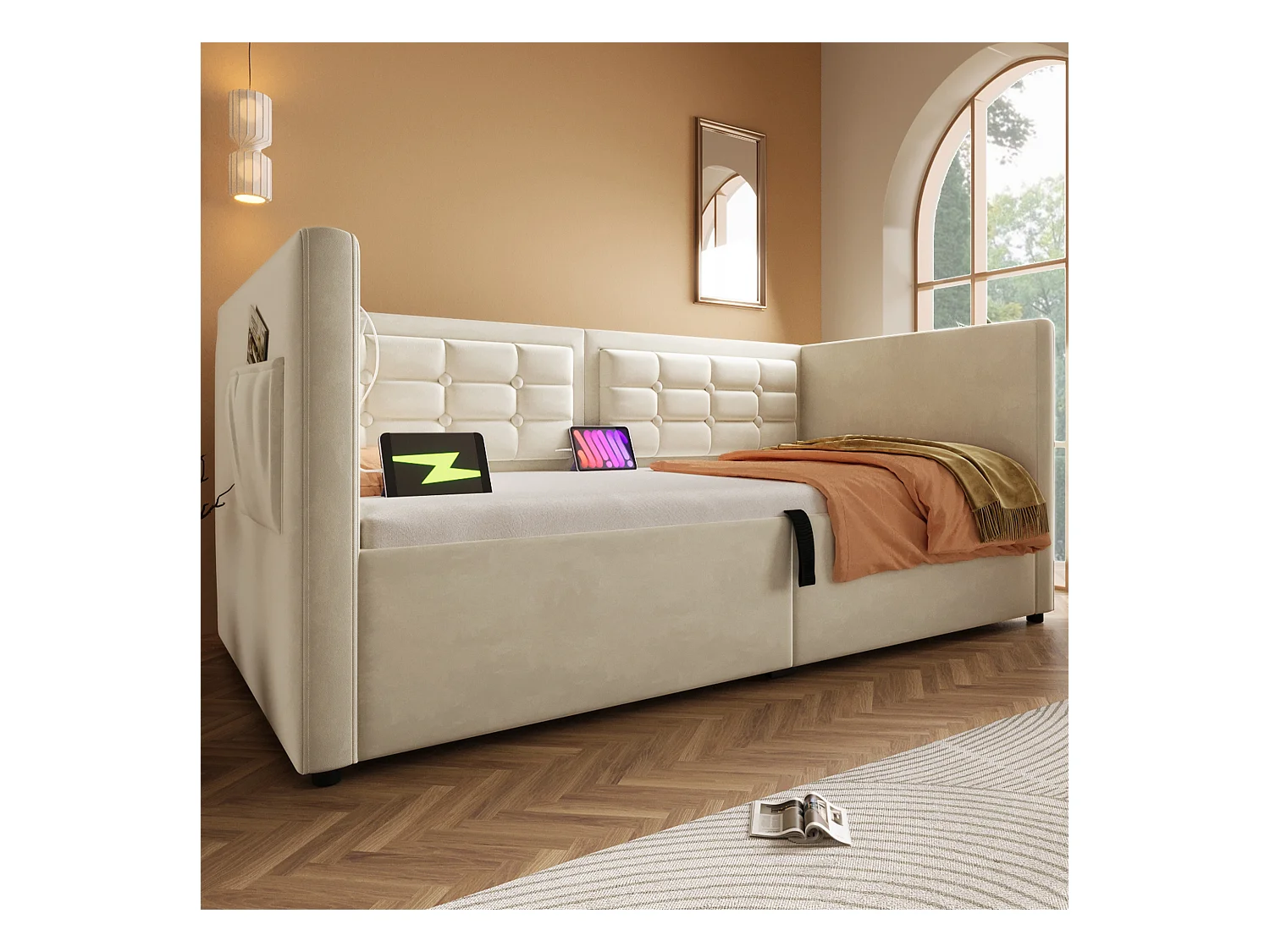Lit coffre 90x200 cm - Lit simple avec chargeur USB et sac de rangement - velours beige - sans matelas