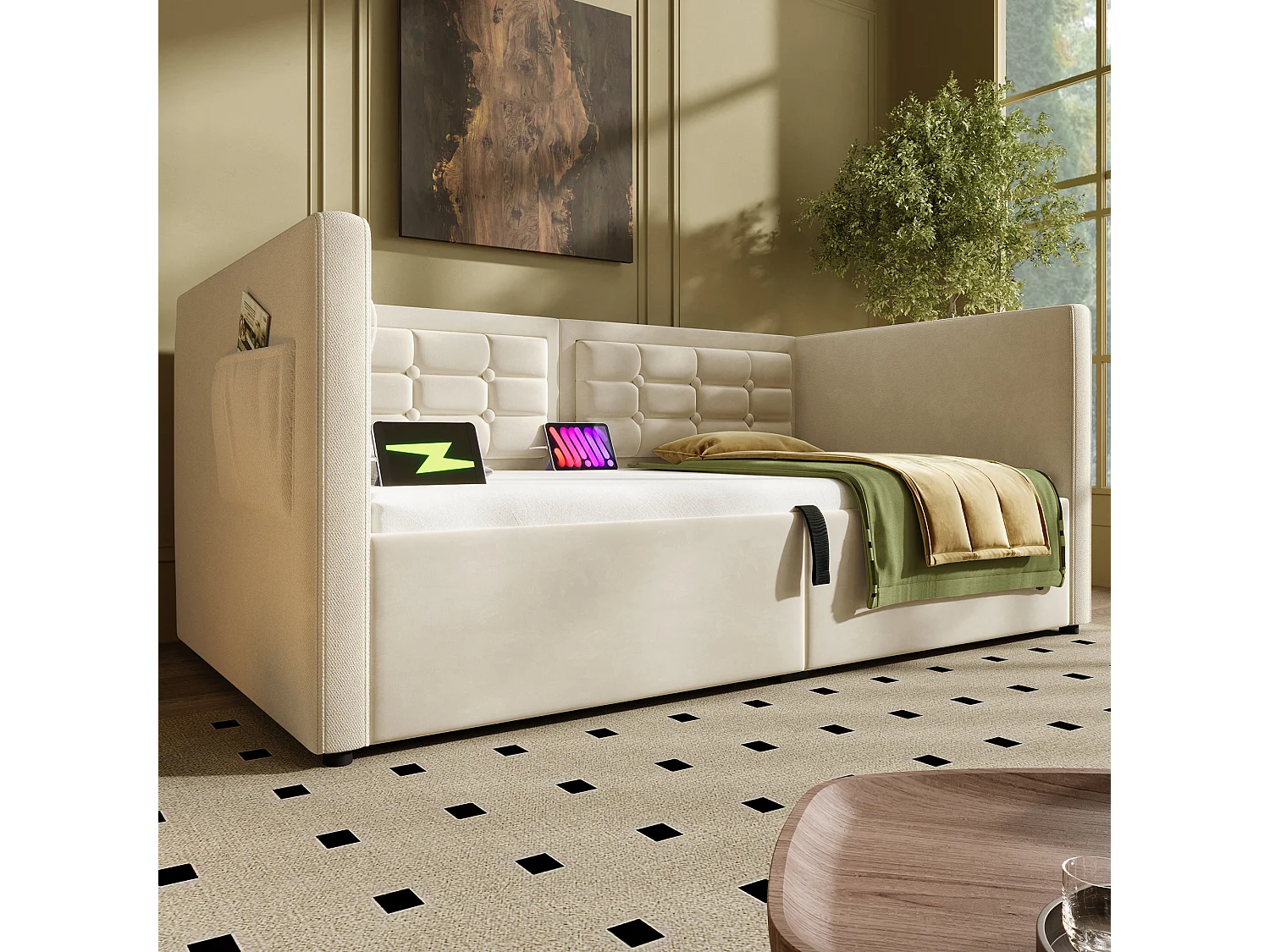 Lit coffre 90x200 cm - Lit simple avec chargeur USB et sac de rangement - velours beige - sans matelas