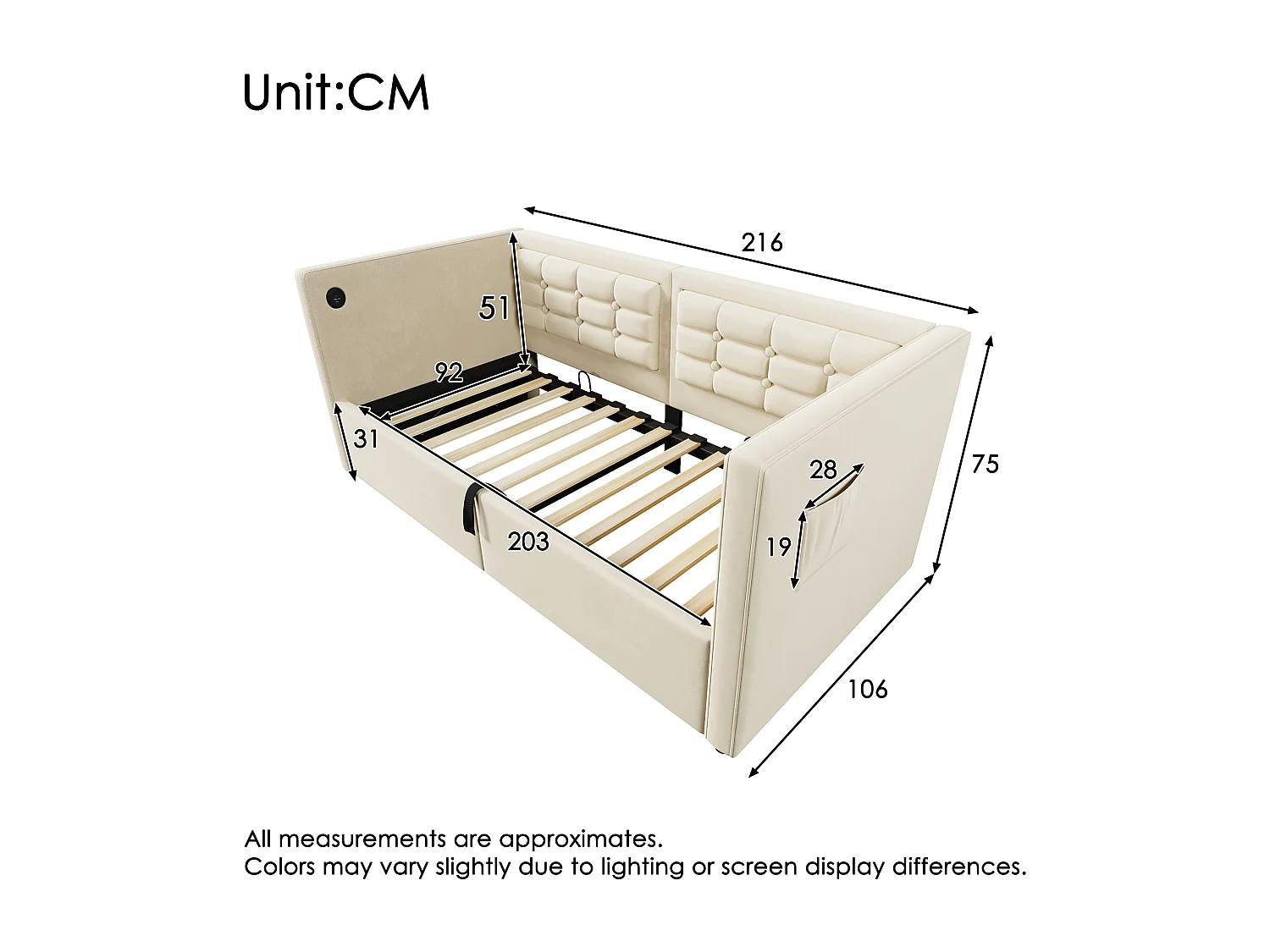 Lit coffre 90x200 cm - Lit simple avec chargeur USB et sac de rangement - velours beige - sans matelas