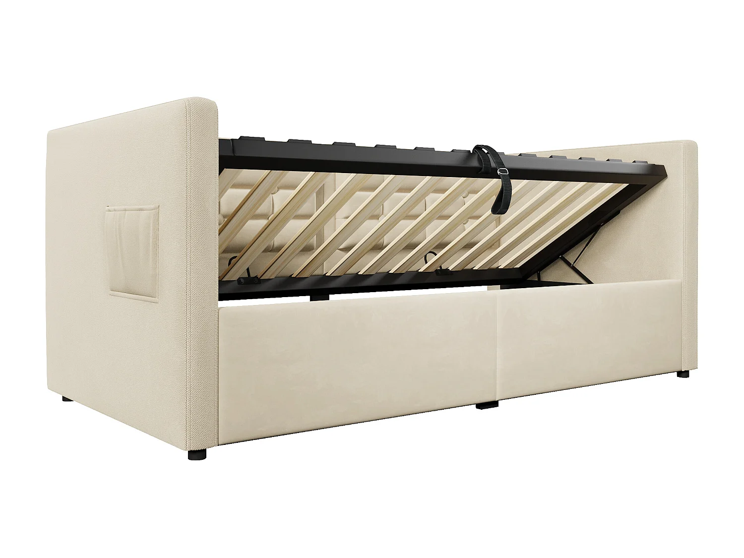 Lit coffre 90x200 cm - Lit simple avec chargeur USB et sac de rangement - velours beige - sans matelas