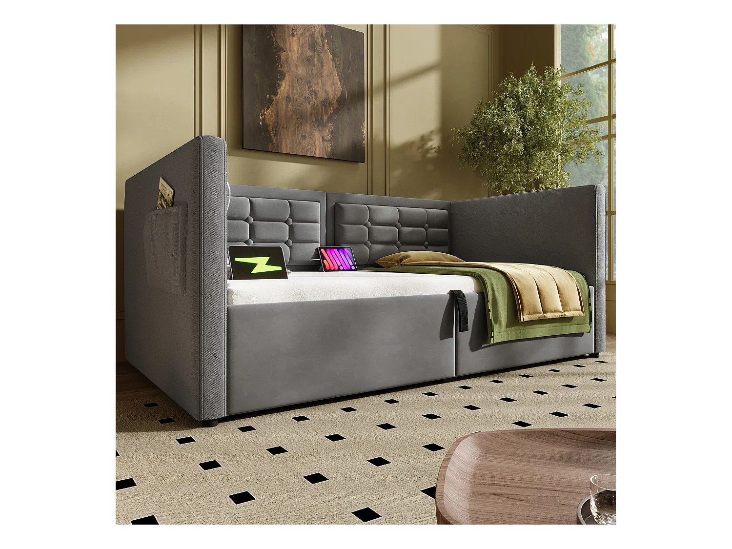 Lit coffre 90x190 cm - Lit simple avec chargeur USB et sac de rangement - velours gris - sans matelas