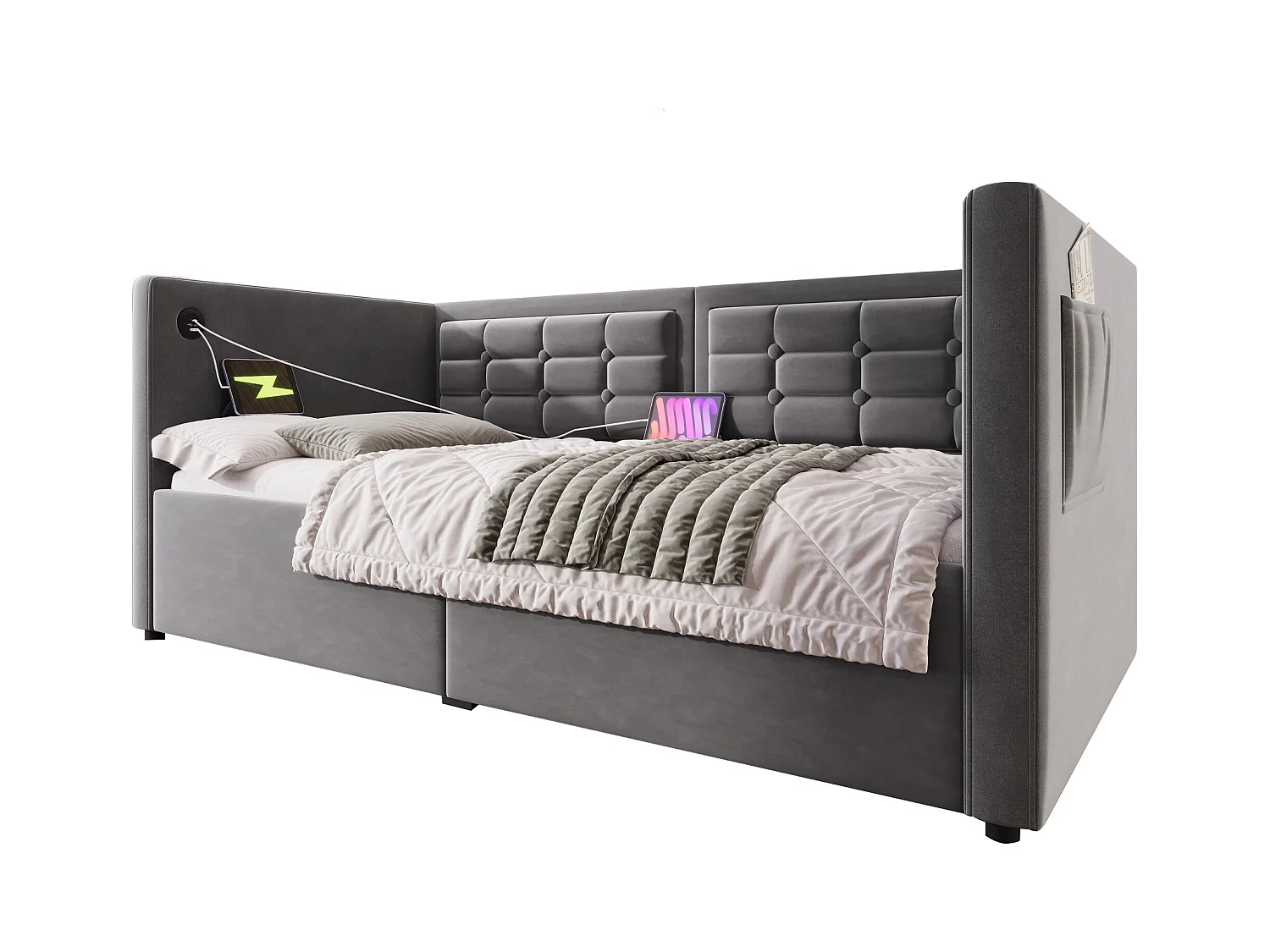 Lit coffre 90x190 cm - Lit simple avec chargeur USB et sac de rangement - velours gris - sans matelas