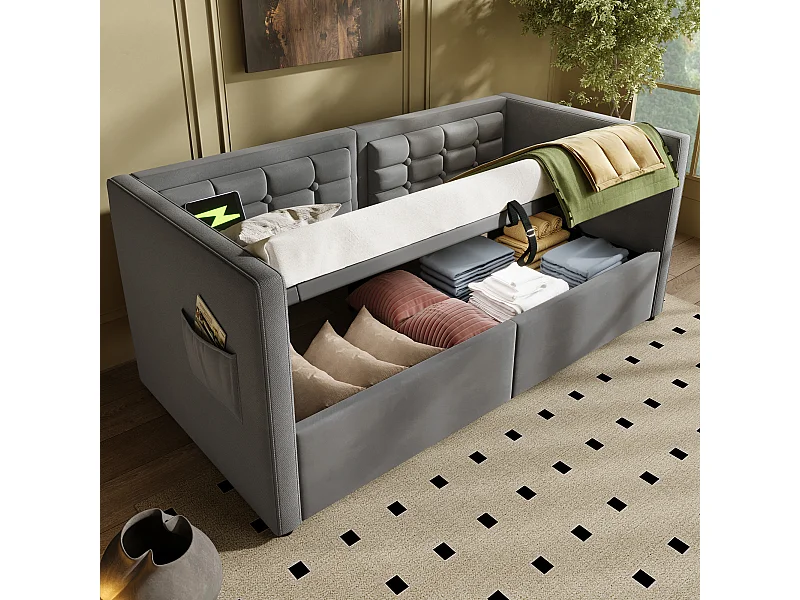 Opbergbed 90x190 cm - Eenpersoonsbed met USB-oplader en opbergtas - grijs fluweel - zonder matras