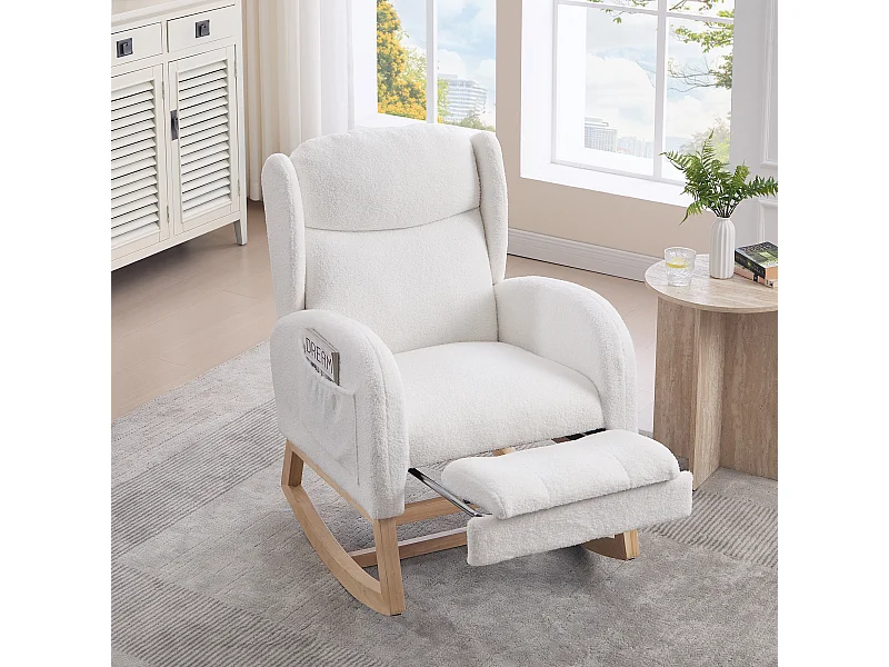 Fauteuil à bascule avec repose-pieds réglable et poches - tissu peluche blanc