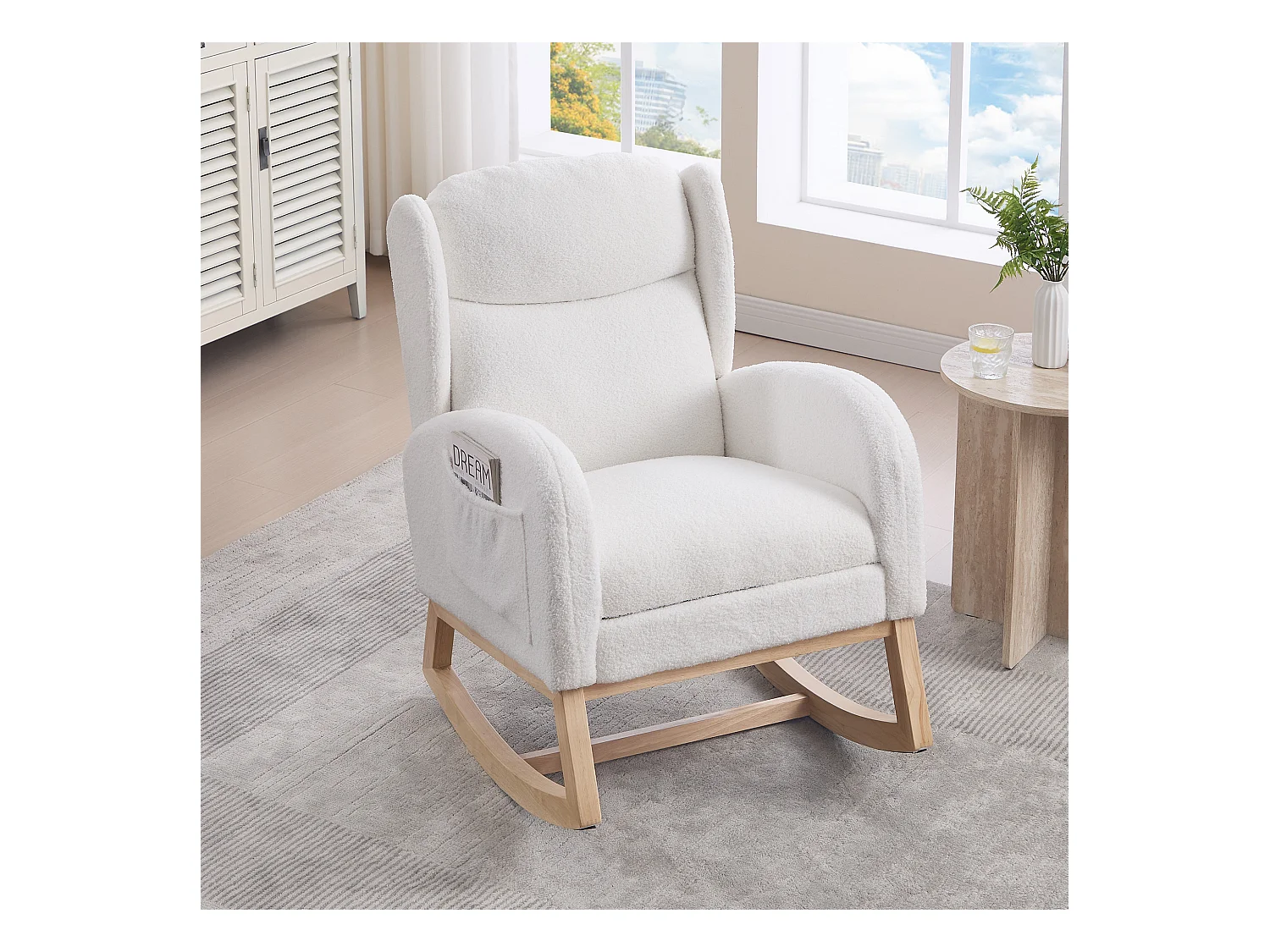 Fauteuil à bascule avec repose-pieds réglable et poches - tissu peluche blanc