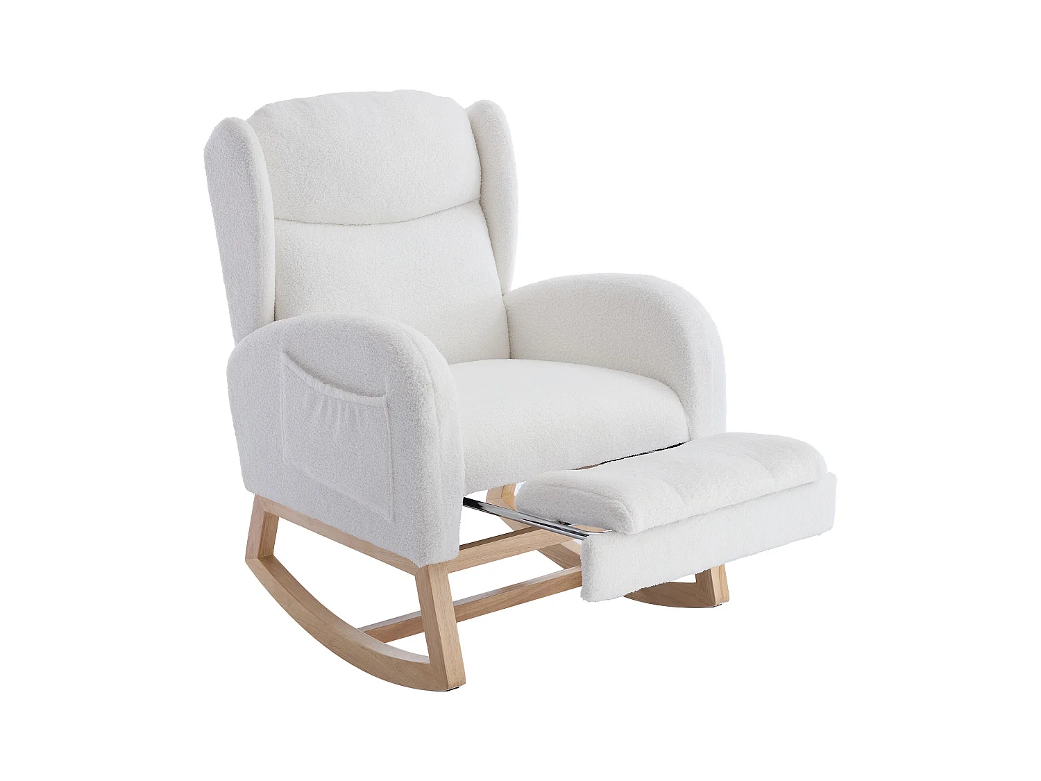 Fauteuil à bascule avec repose-pieds réglable et poches - tissu peluche blanc