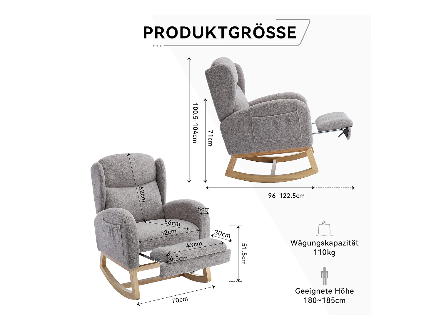 Fauteuil à bascule avec repose-pieds réglable et poches - tissu peluche gris
