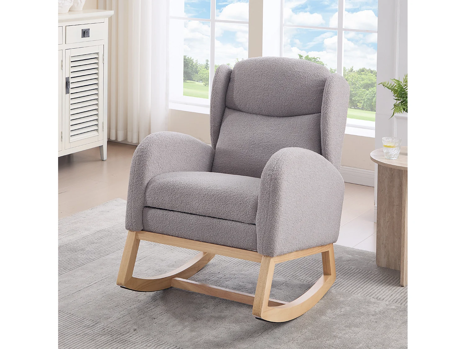 Fauteuil à bascule avec repose-pieds réglable et poches - tissu peluche gris