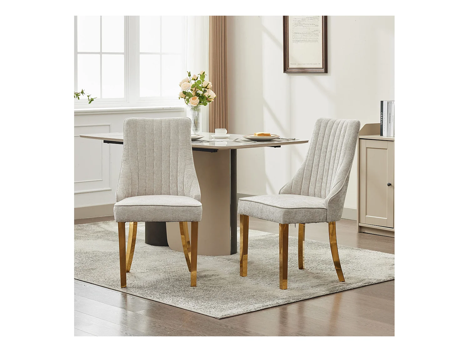 Lot de 2 chaises de salle à manger - Chaises avec pieds en acier inoxydable galvanisé doré et dossiers rembourrés - chenille bleu