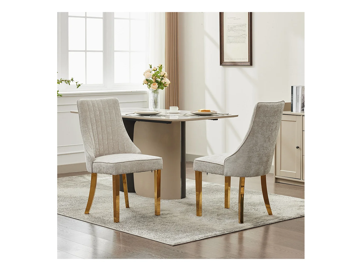 Lot de 2 chaises de salle à manger - Chaises avec pieds en acier inoxydable galvanisé doré et dossiers rembourrés - chenille bleu