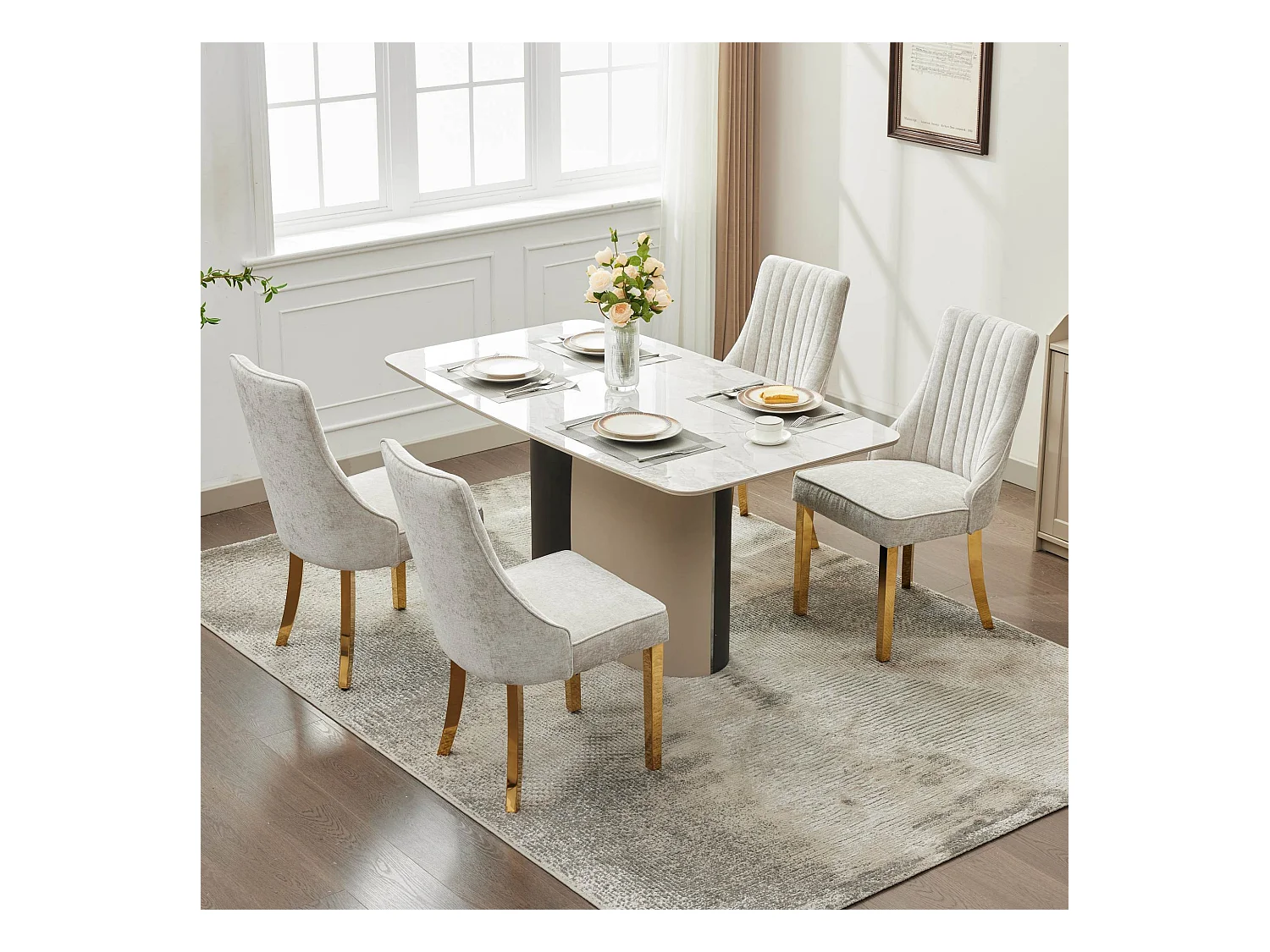 Lot de 2 chaises de salle à manger - Chaises avec pieds en acier inoxydable galvanisé doré et dossiers rembourrés - chenille bleu