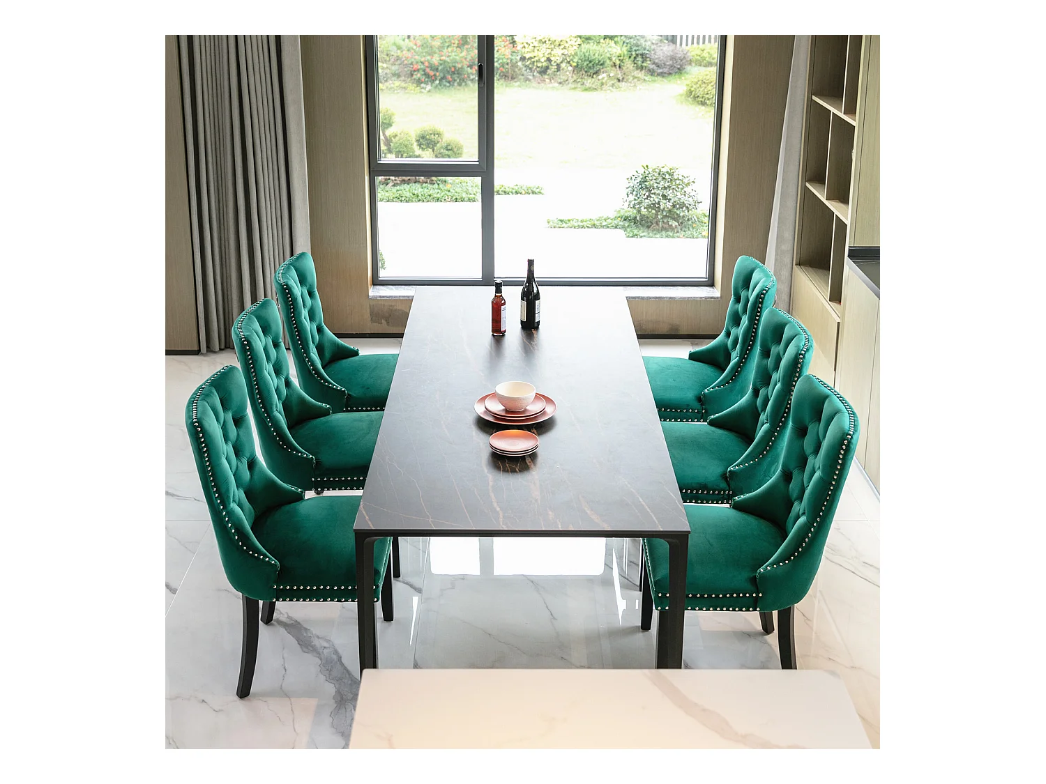 Lot de 2 chaises de salle à manger - Chaises avec dossier rembourré, pieds en bois et garniture cloutée - velours vert