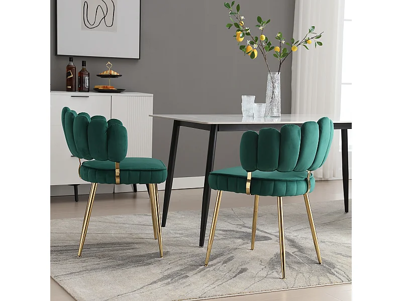 Set van 2 eetkamerstoelen - Stoel met armleuningen en bloemblaadjesvormige rugleuning - groen fluweel - voor eetkamer en woonkamer