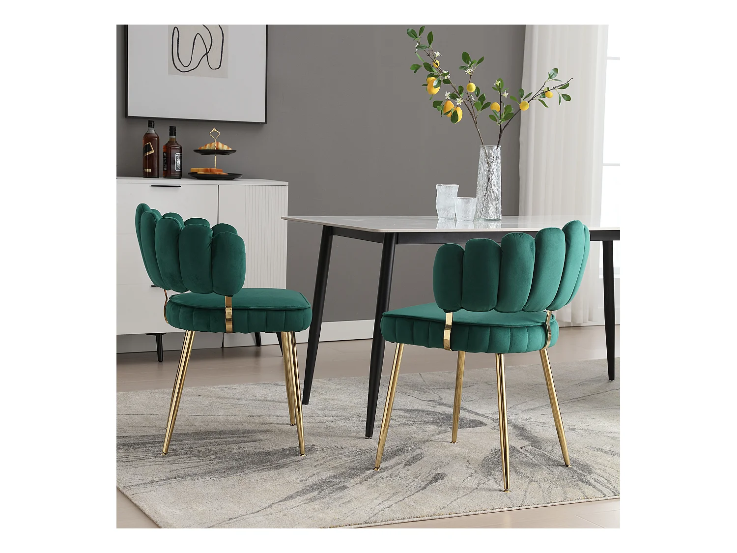 Lot de 2 chaises de salle à manger - Chaise avec accoudoirs et dossier en forme de pétale - velours vert - pour salle à manger et salon