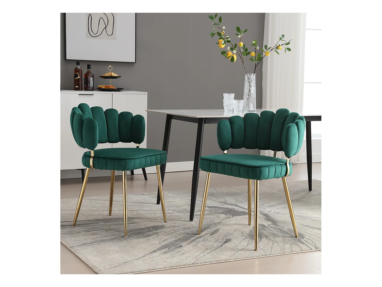 Lot de 2 chaises de salle à manger - Chaise avec accoudoirs et dossier en forme de pétale - velours vert - pour salle à manger et salon