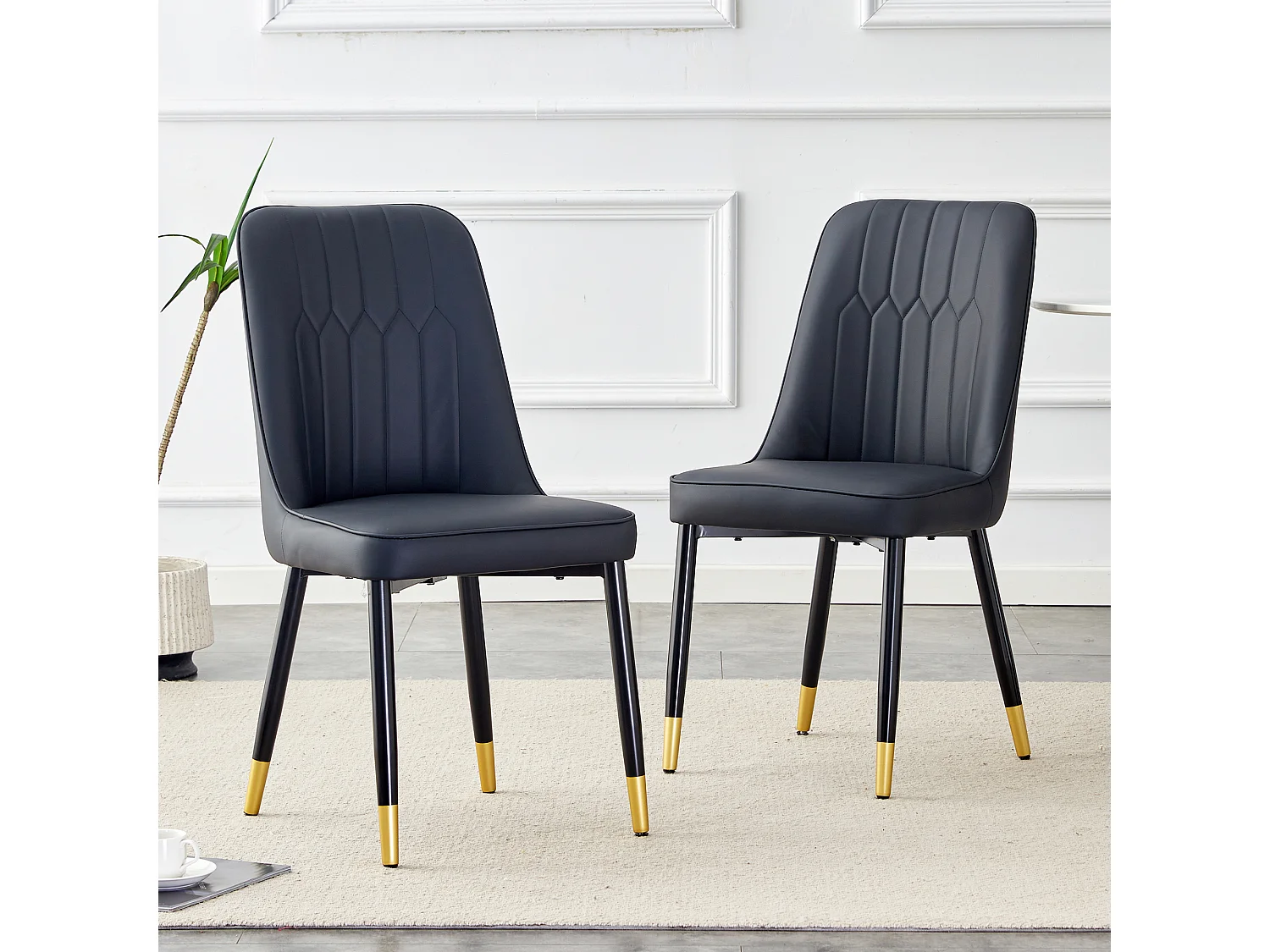 Lot de 2 chaises de salle à manger - Chaises avec dossiers et pieds en métal noir - PU noir - pour salles à manger et cuisines