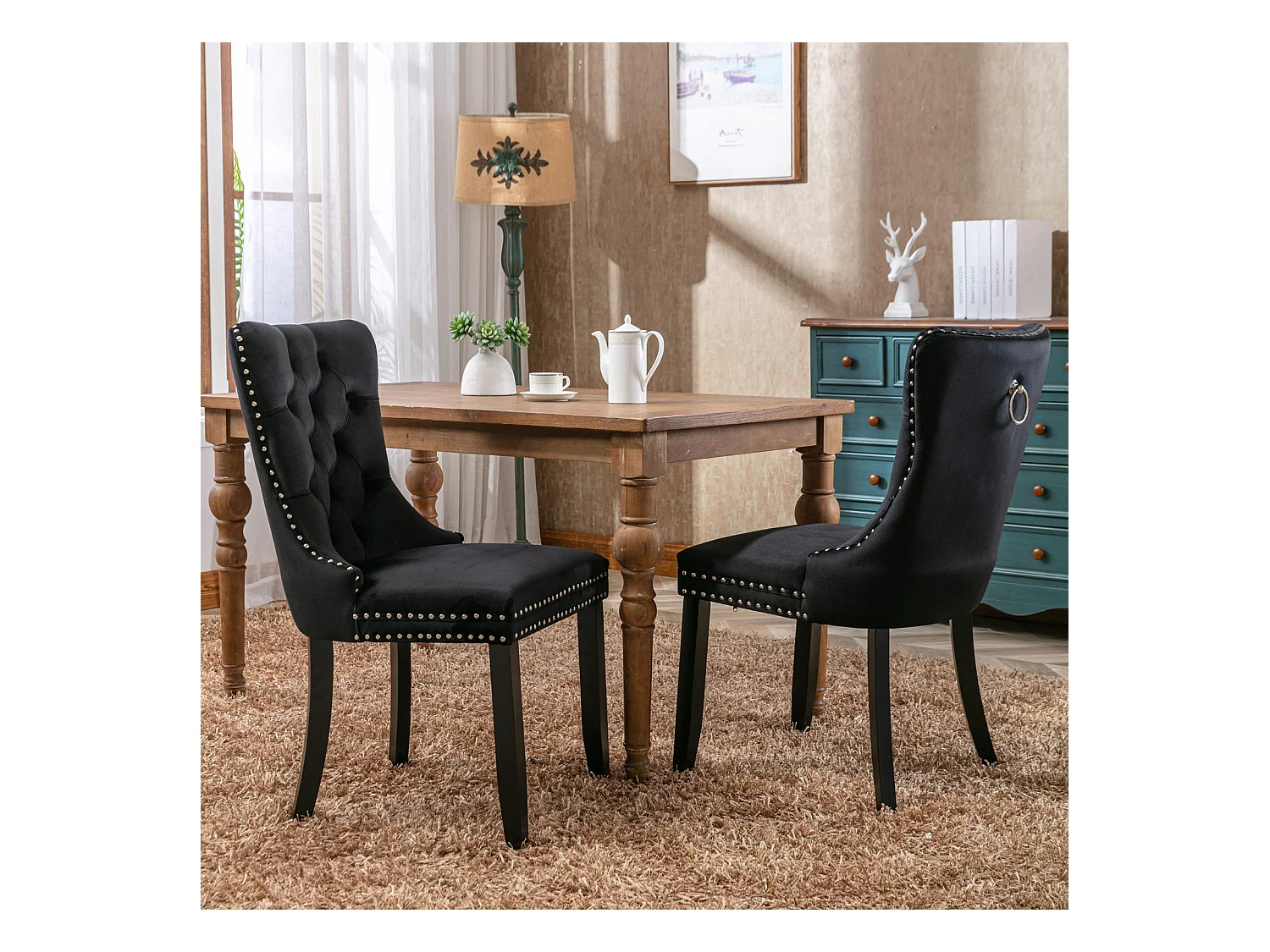 Lot de 2 chaises de salle à manger - Chaises avec dossier rembourré, pieds en bois et garniture cloutée - velours noir