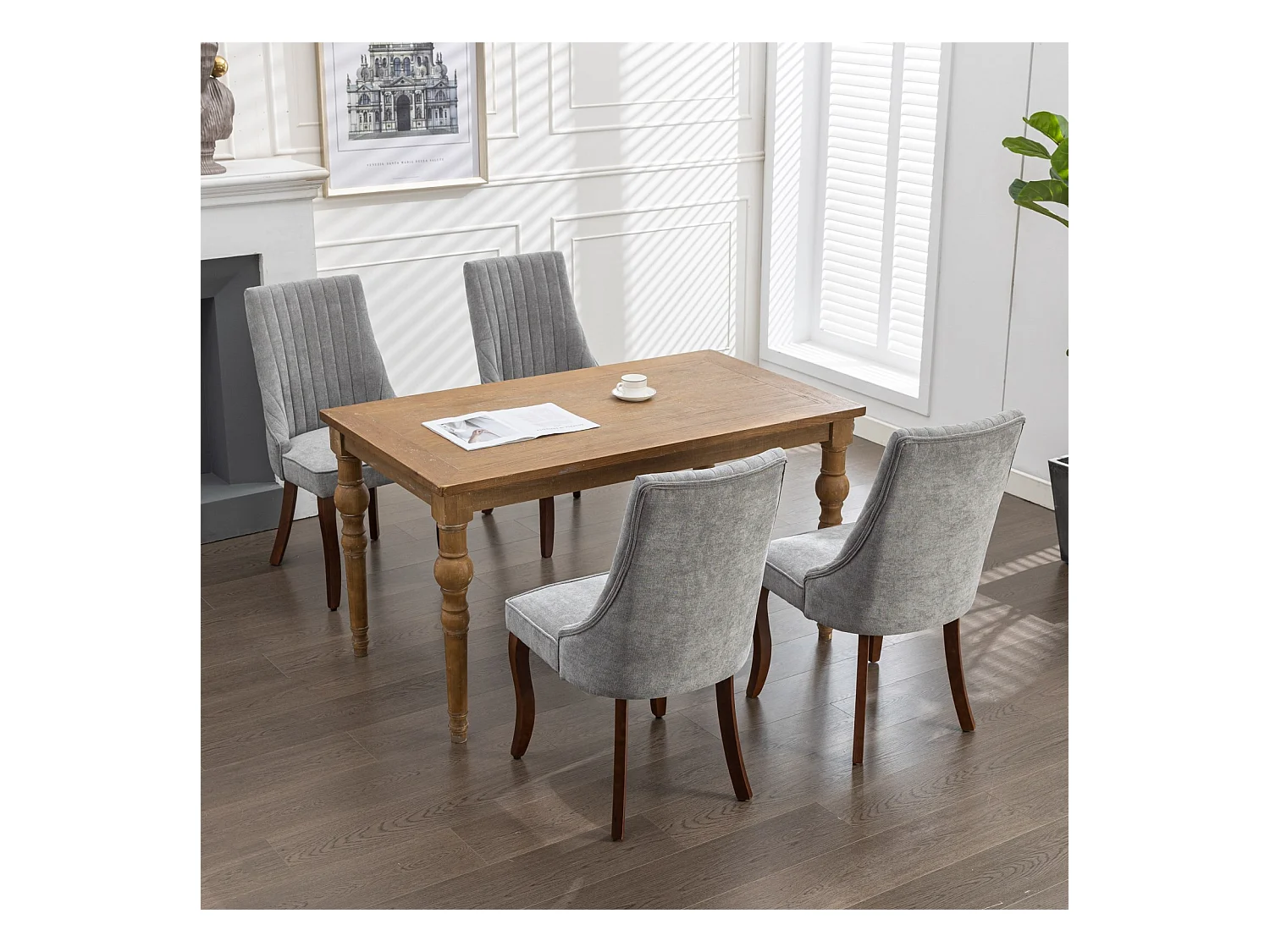 Lot de 2 chaises de salle à manger - Chaises avec pieds courbés en bois massif et dossiers rembourrés - chenille gris