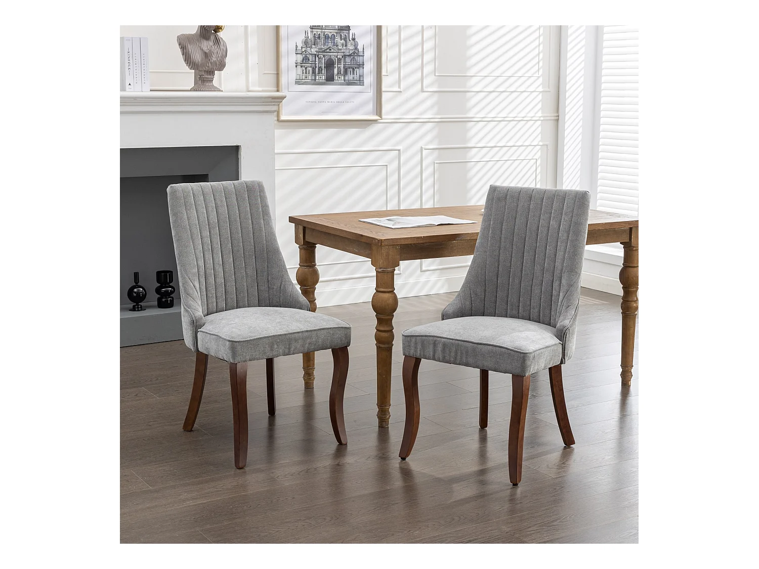 Lot de 2 chaises de salle à manger - Chaises avec pieds courbés en bois massif et dossiers rembourrés - chenille gris