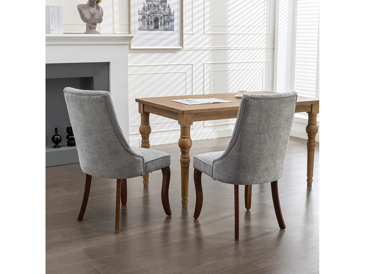 Lot de 2 chaises de salle à manger - Chaises avec pieds courbés en bois massif et dossiers rembourrés - chenille gris