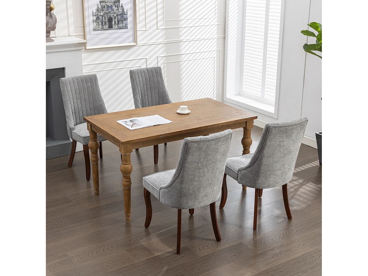 Lot de 2 chaises de salle à manger - Chaises avec pieds courbés en bois massif et dossiers rembourrés - chenille gris