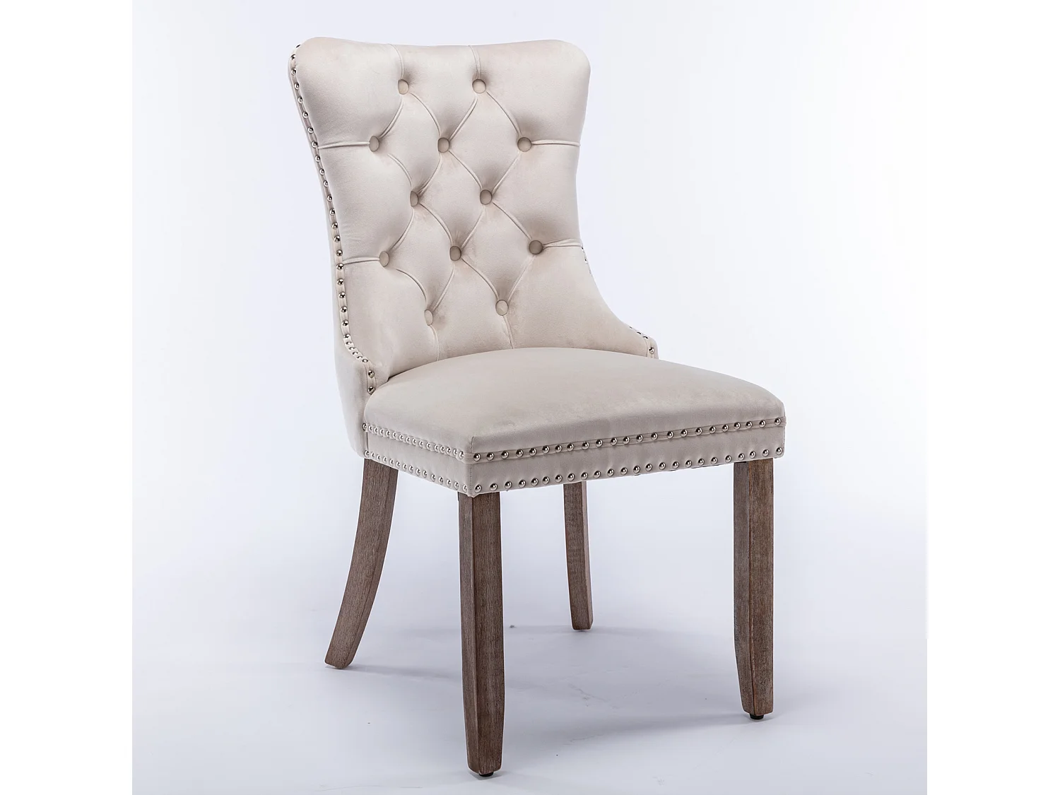 Lot de 2 chaises de salle à manger - Chaises avec dossier rembourré, pieds en bois et garniture cloutée - velours beige