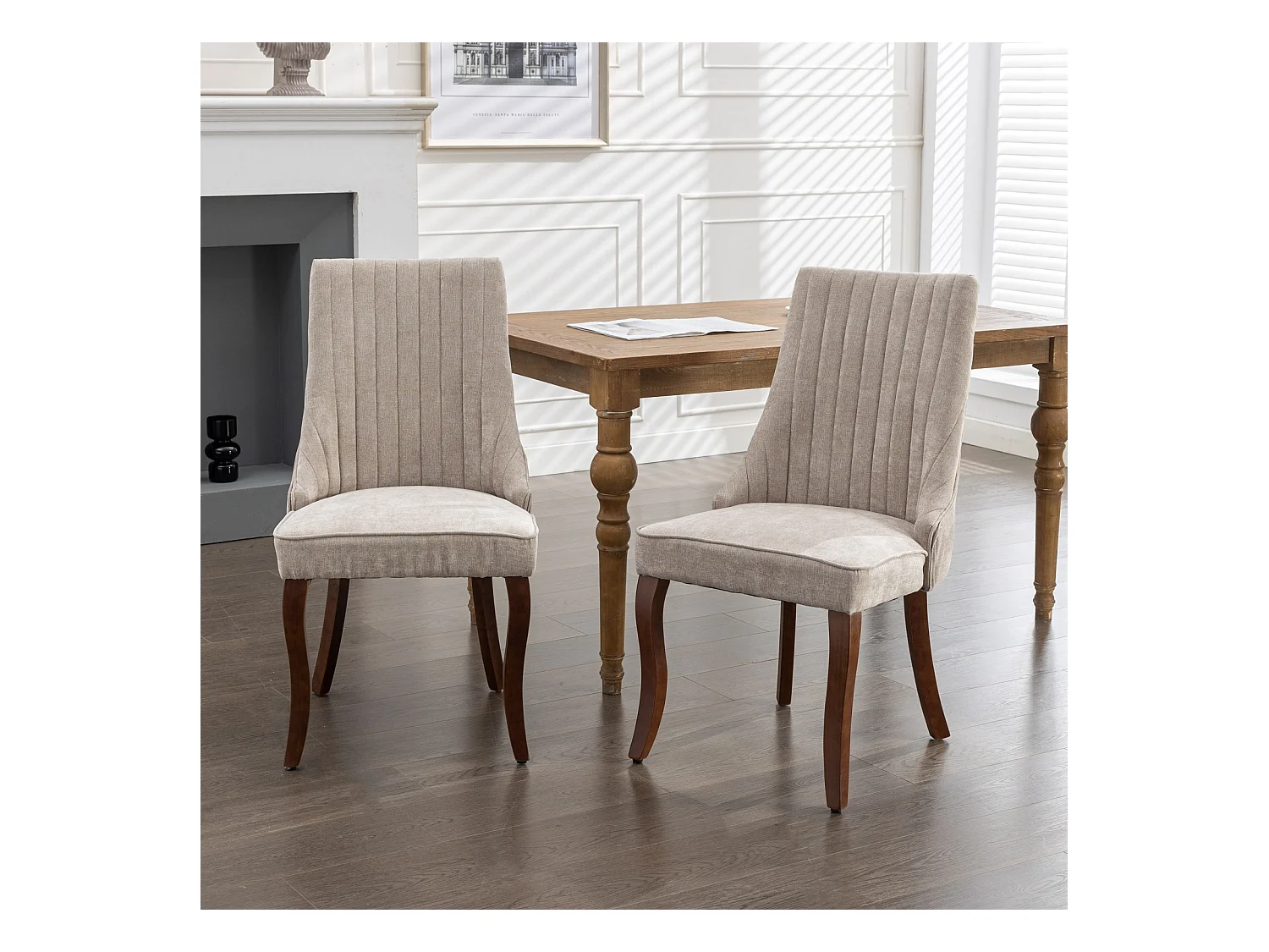 Lot de 2 chaises de salle à manger - Chaises avec pieds courbés en bois massif et dossiers rembourrés - chenille beige