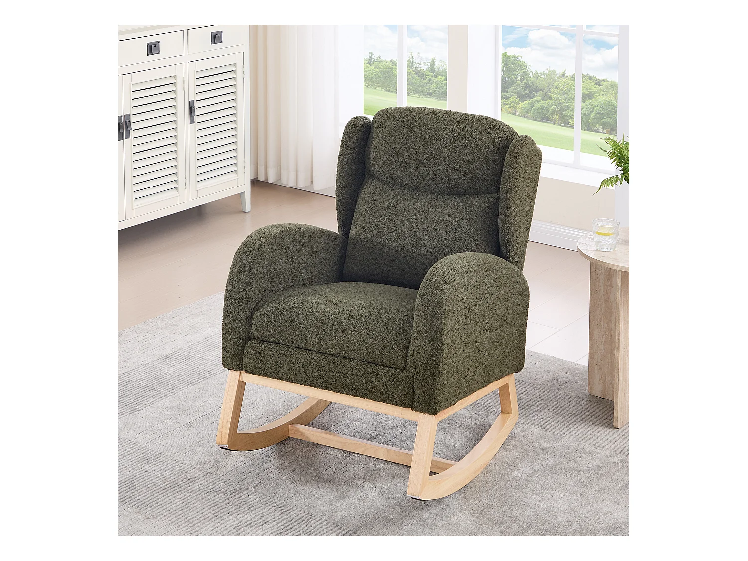 Fauteuil à bascule avec repose-pieds réglable et poches - tissu peluche vert
