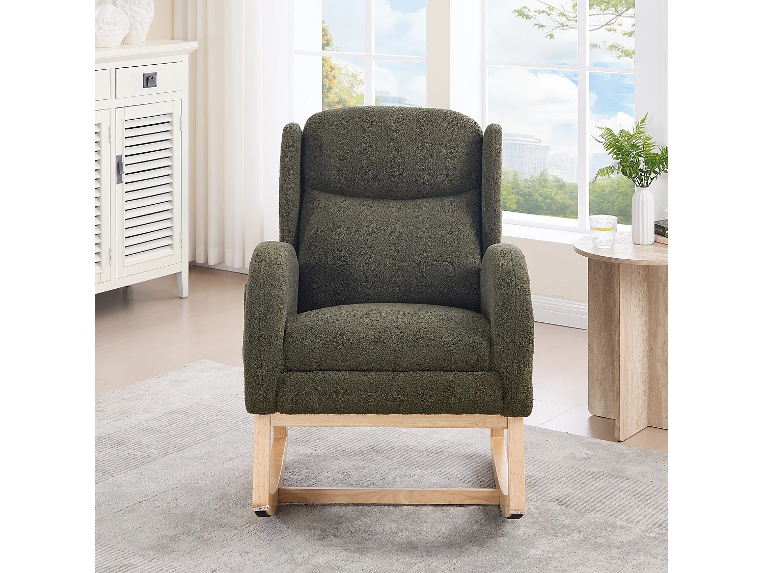 Fauteuil à bascule avec repose-pieds réglable et poches - tissu peluche vert