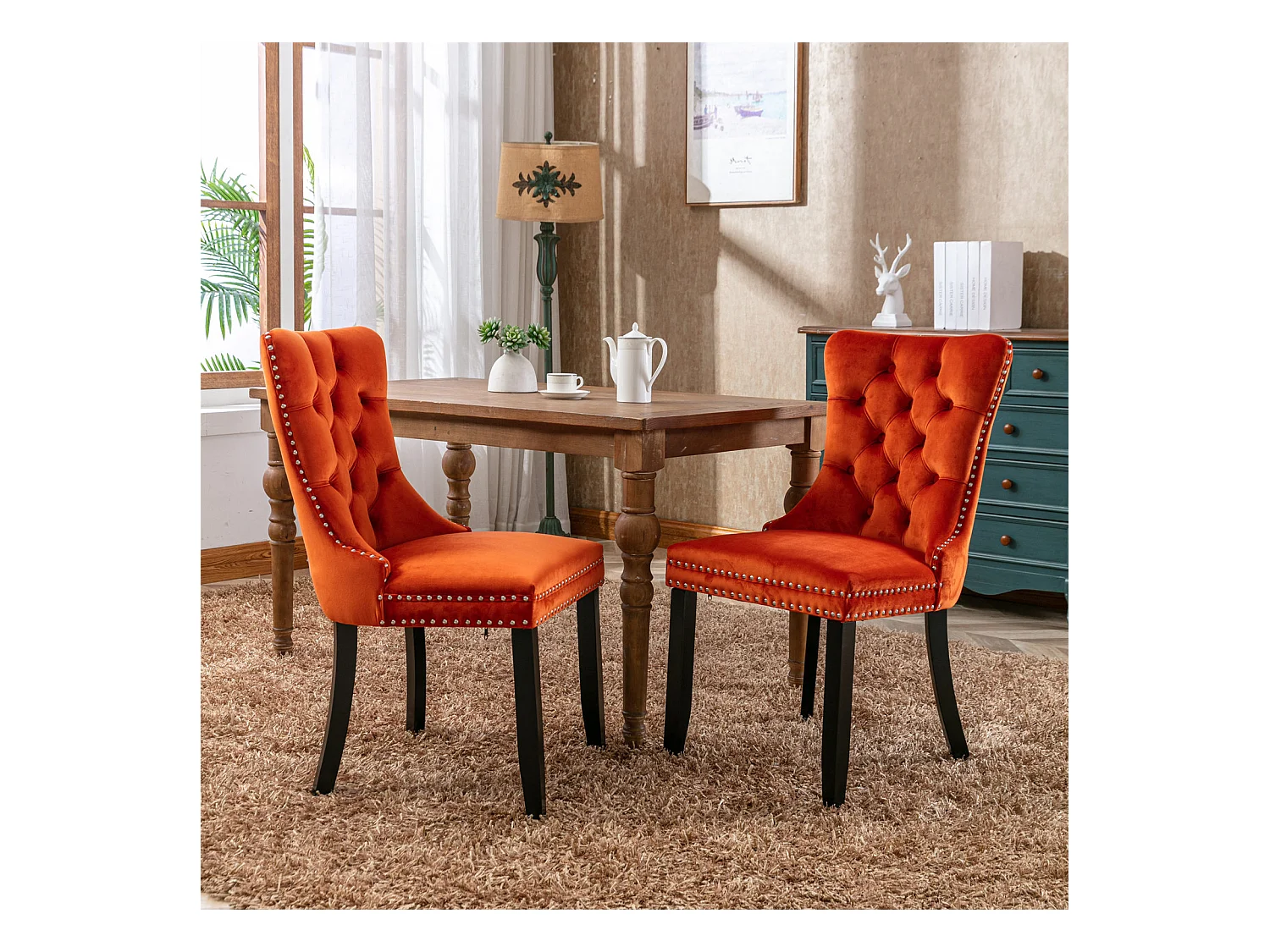 Lot de 2 chaises de salle à manger - Chaises avec dossier rembourré, pieds en bois et garniture cloutée - velours orange