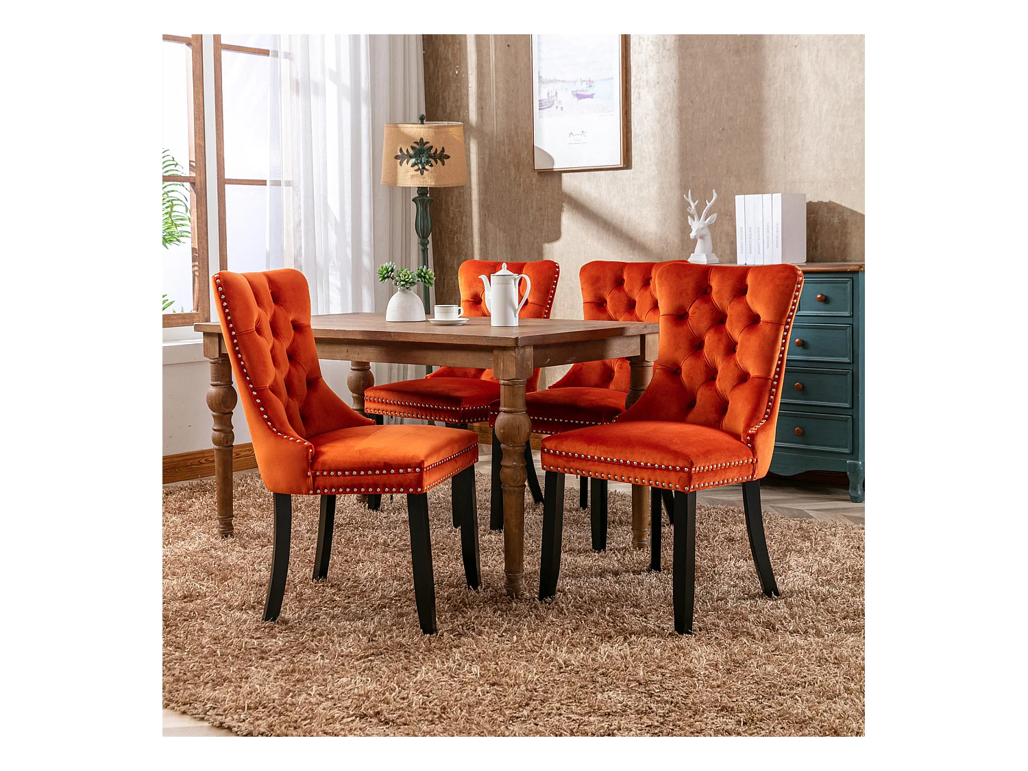 Lot de 2 chaises de salle à manger - Chaises avec dossier rembourré, pieds en bois et garniture cloutée - velours orange