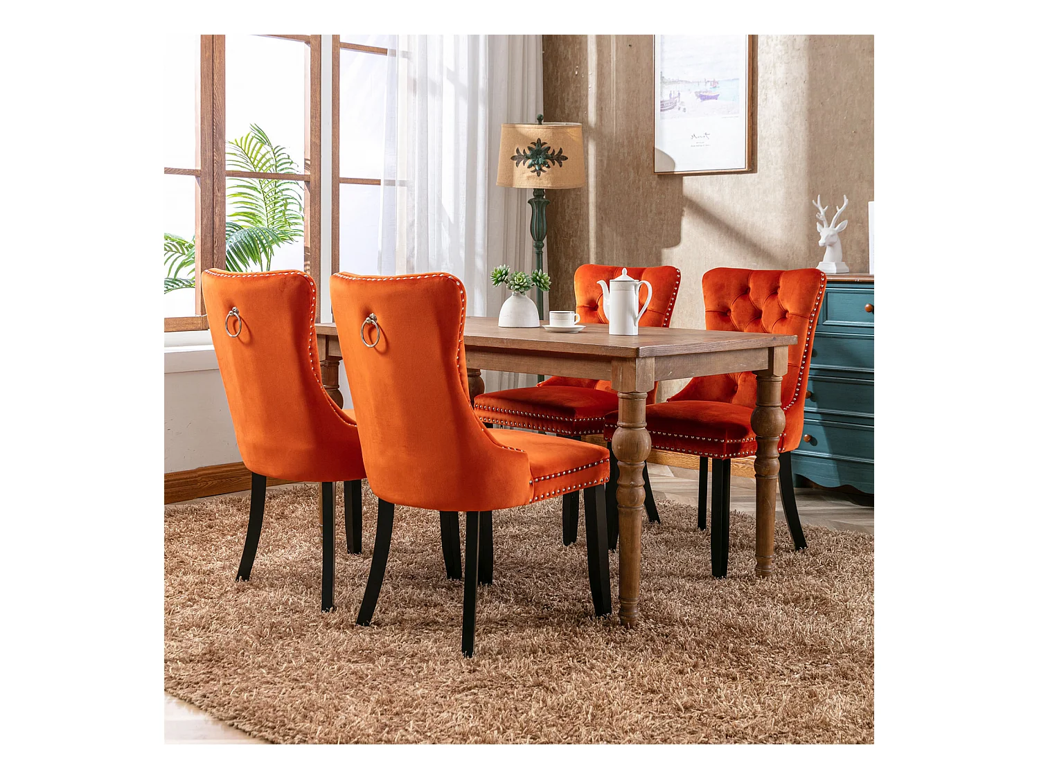 Lot de 2 chaises de salle à manger - Chaises avec dossier rembourré, pieds en bois et garniture cloutée - velours orange