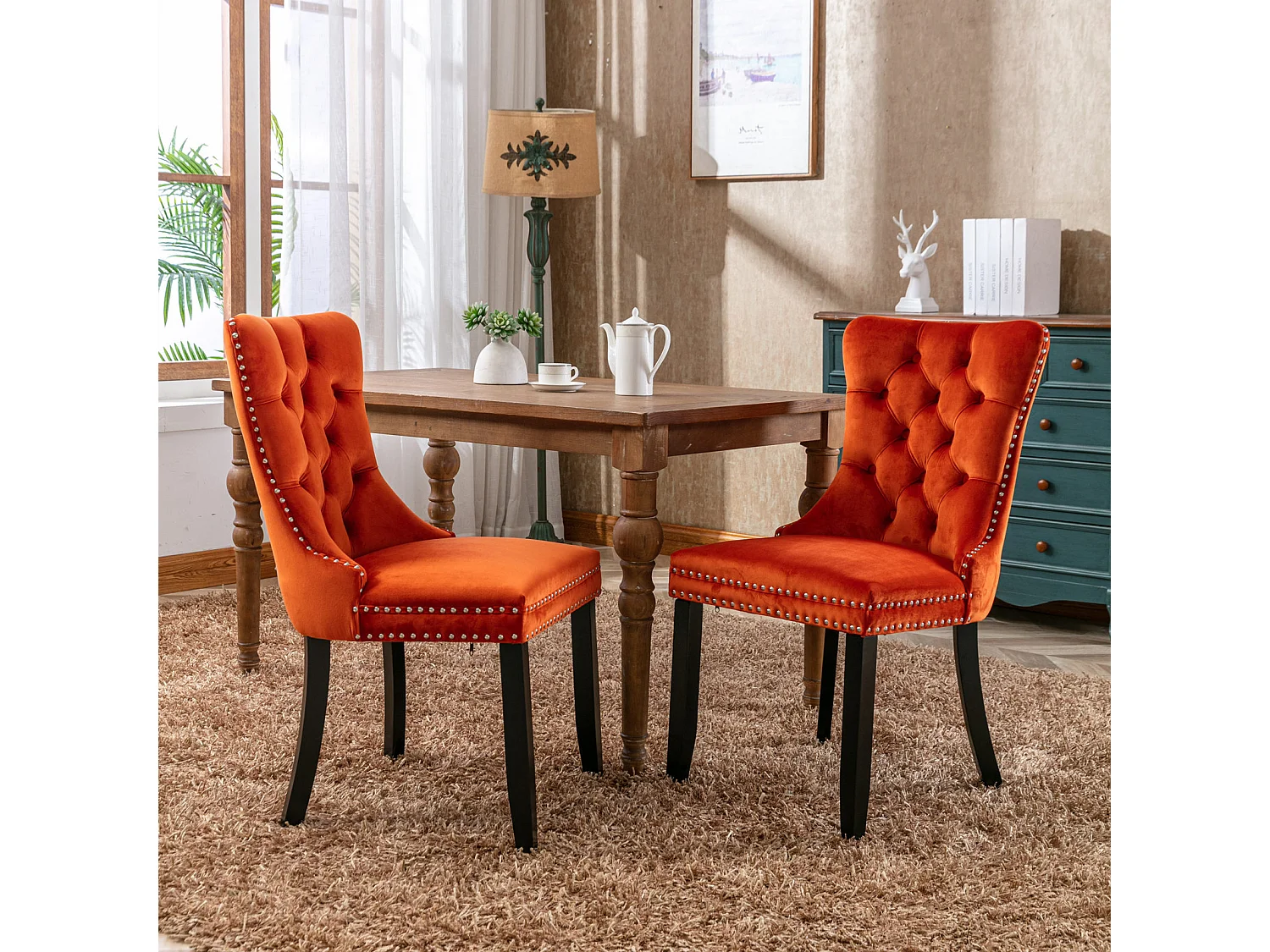 Lot de 2 chaises de salle à manger - Chaises avec dossier rembourré, pieds en bois et garniture cloutée - velours orange