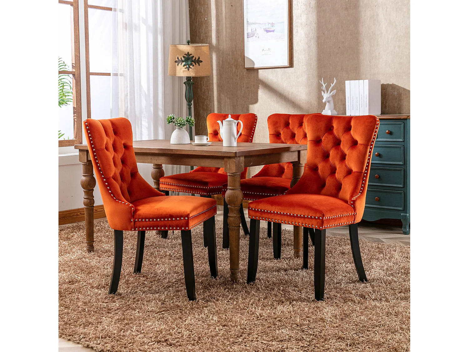 Lot de 2 chaises de salle à manger - Chaises avec dossier rembourré, pieds en bois et garniture cloutée - velours orange