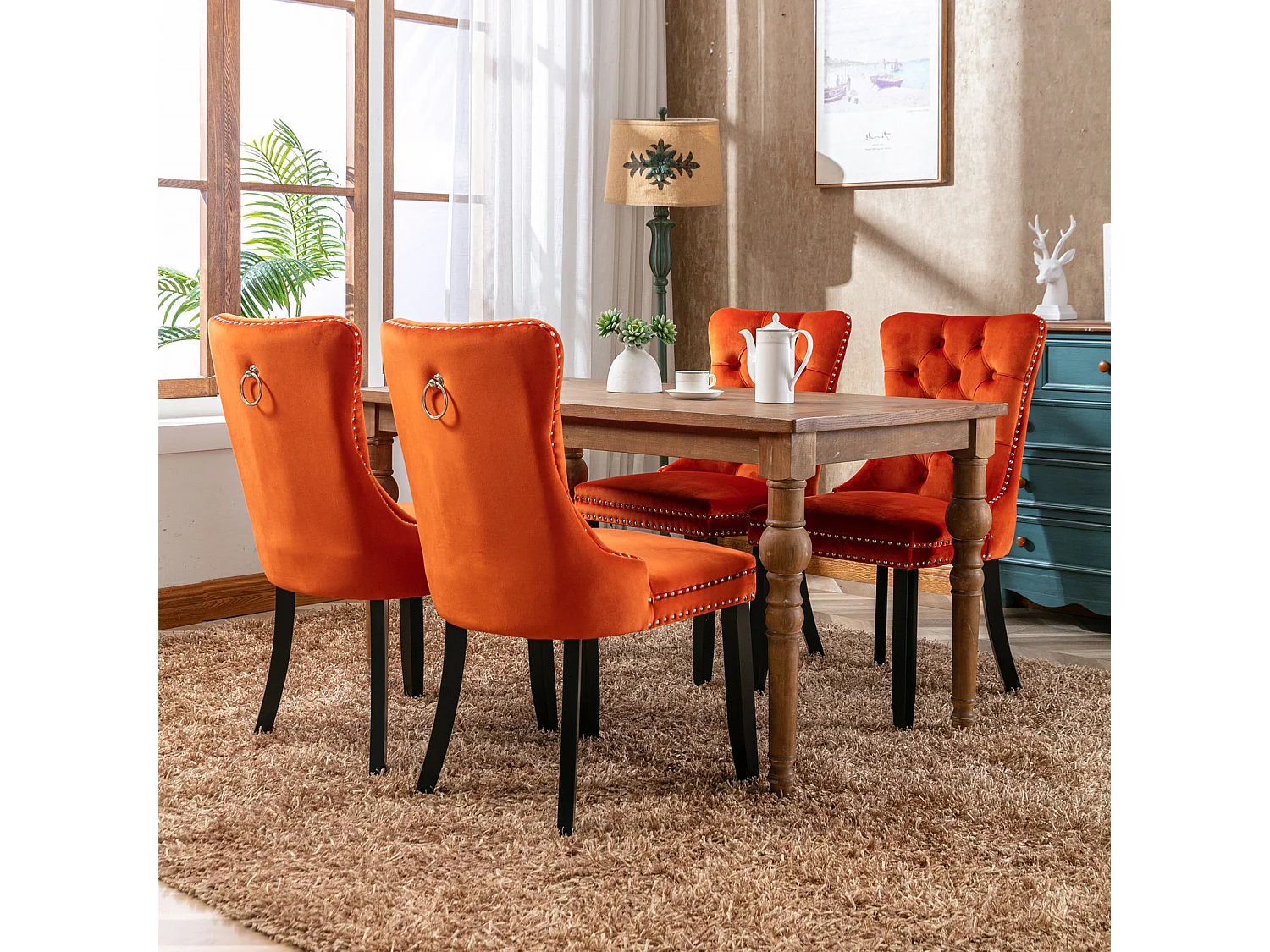 Lot de 2 chaises de salle à manger - Chaises avec dossier rembourré, pieds en bois et garniture cloutée - velours orange