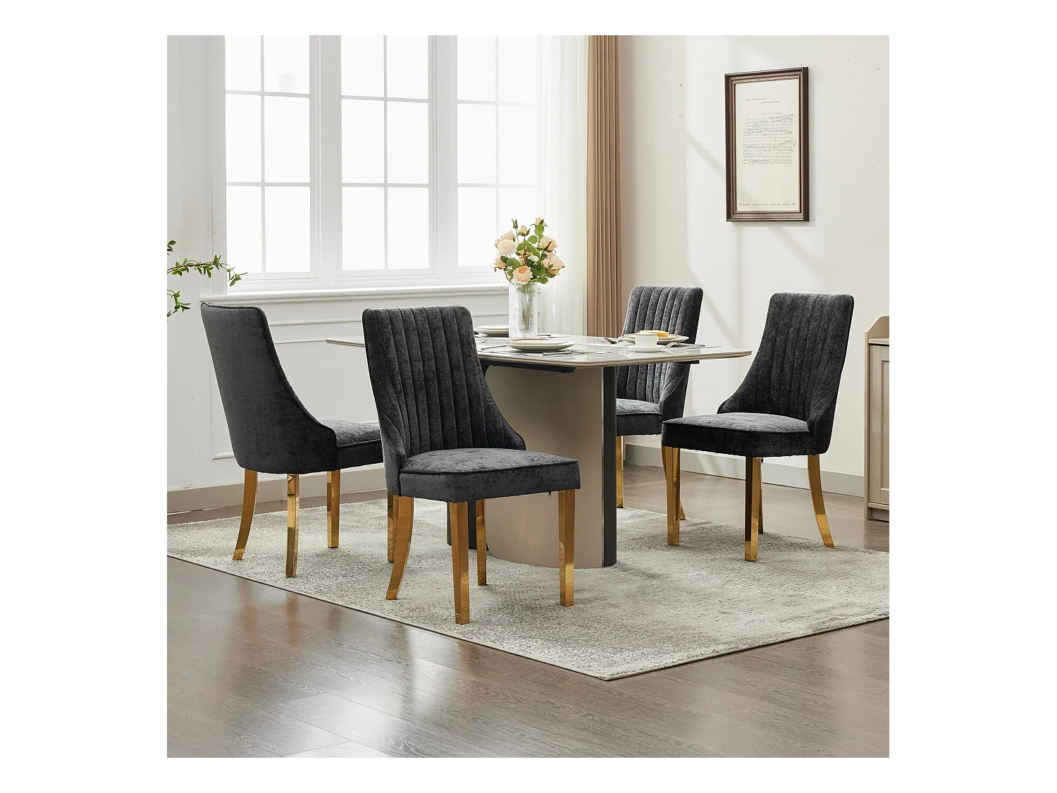 Lot de 2 chaises de salle à manger - Chaises avec pieds en acier inoxydable galvanisé doré et dossiers rembourrés - chenille noir