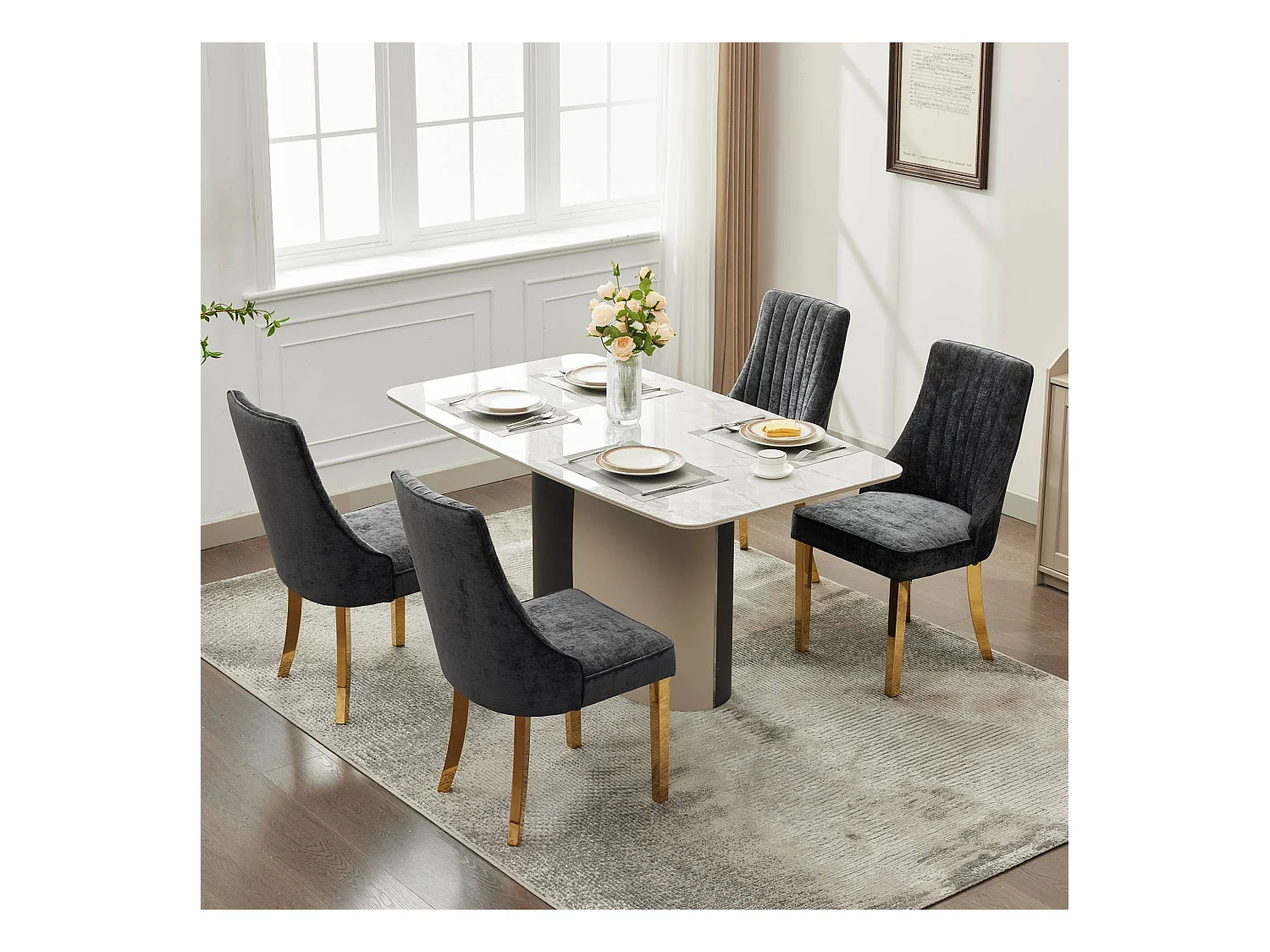 Lot de 2 chaises de salle à manger - Chaises avec pieds en acier inoxydable galvanisé doré et dossiers rembourrés - chenille noir