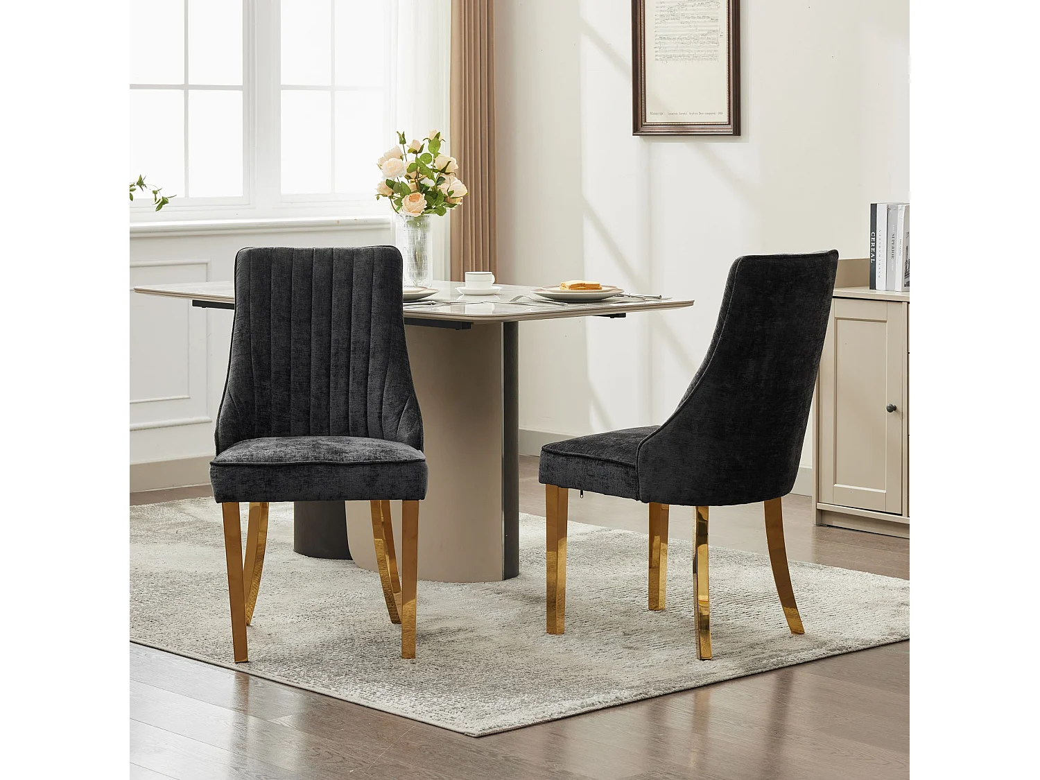 Lot de 2 chaises de salle à manger - Chaises avec pieds en acier inoxydable galvanisé doré et dossiers rembourrés - chenille noir