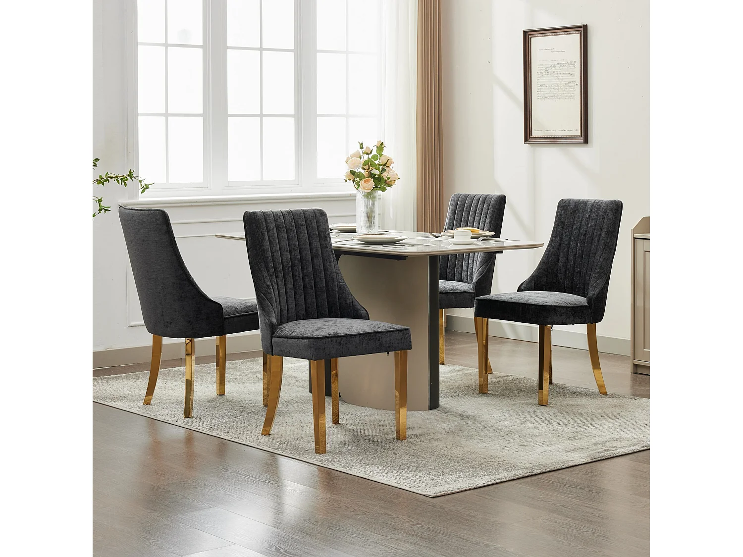 Lot de 2 chaises de salle à manger - Chaises avec pieds en acier inoxydable galvanisé doré et dossiers rembourrés - chenille noir