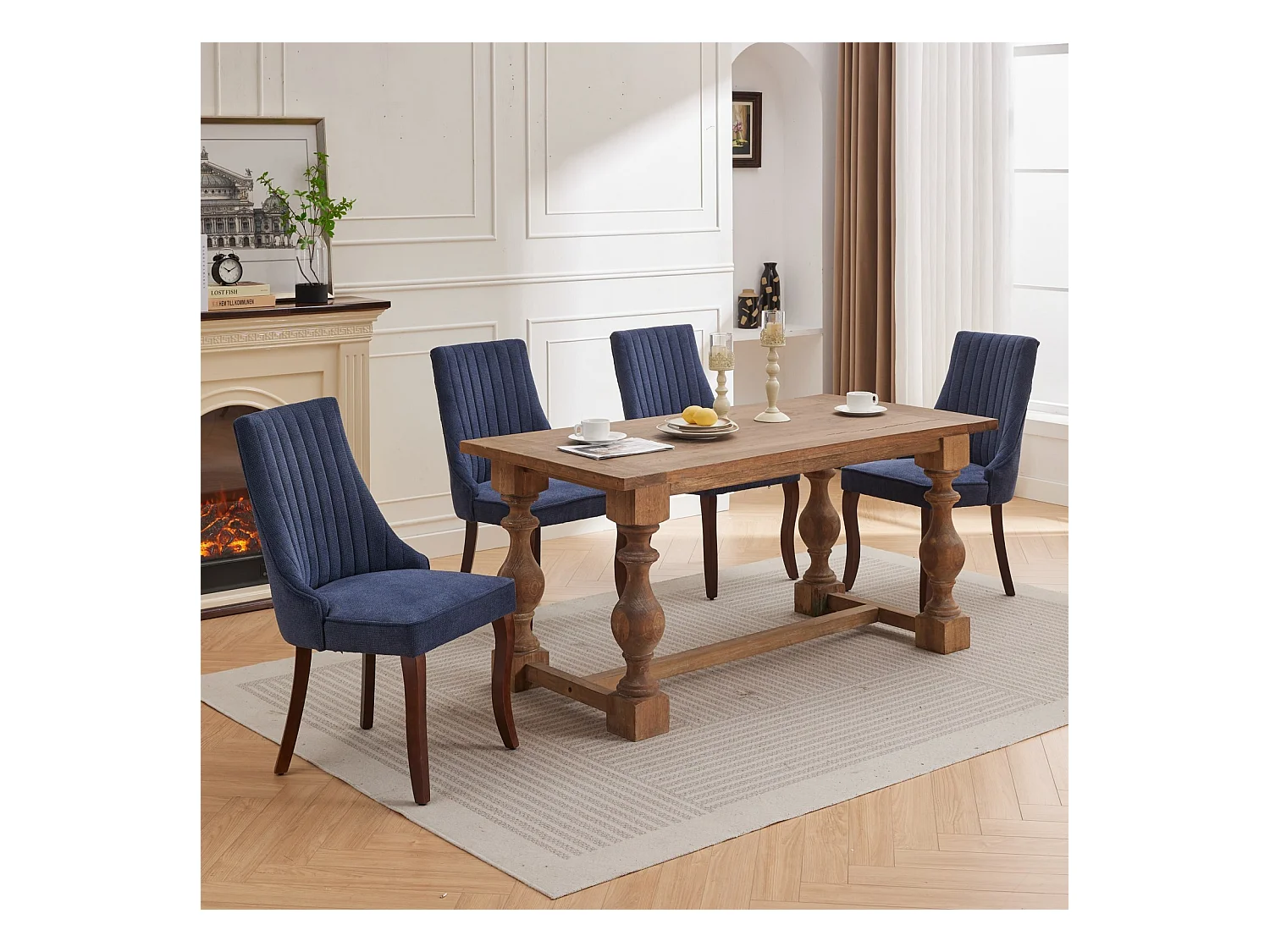 Lot de 2 chaises de salle à manger - Chaises avec pieds courbés en bois massif et dossiers rembourrés - chenille bleu