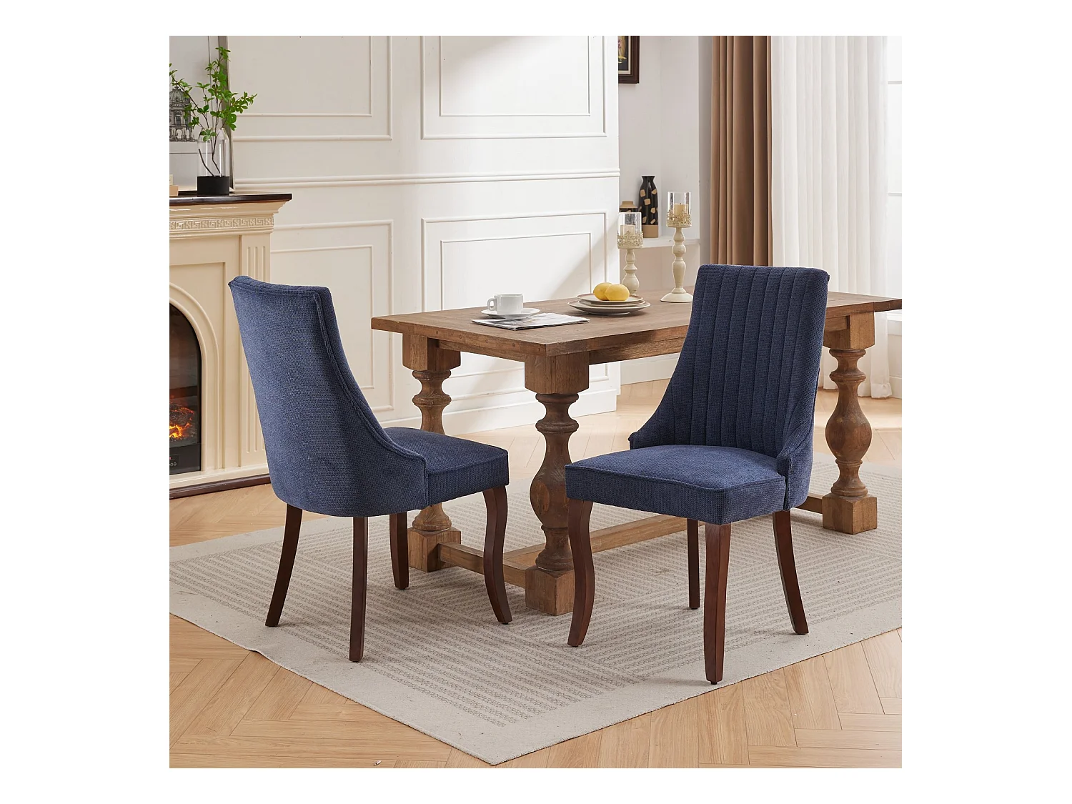 Lot de 2 chaises de salle à manger - Chaises avec pieds courbés en bois massif et dossiers rembourrés - chenille bleu