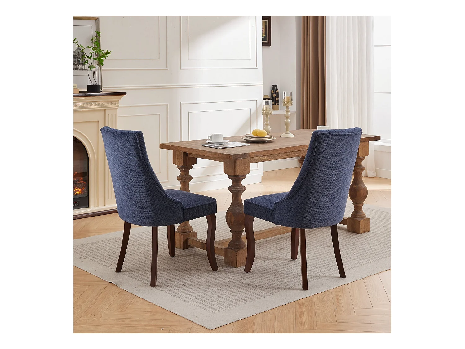 Lot de 2 chaises de salle à manger - Chaises avec pieds courbés en bois massif et dossiers rembourrés - chenille bleu