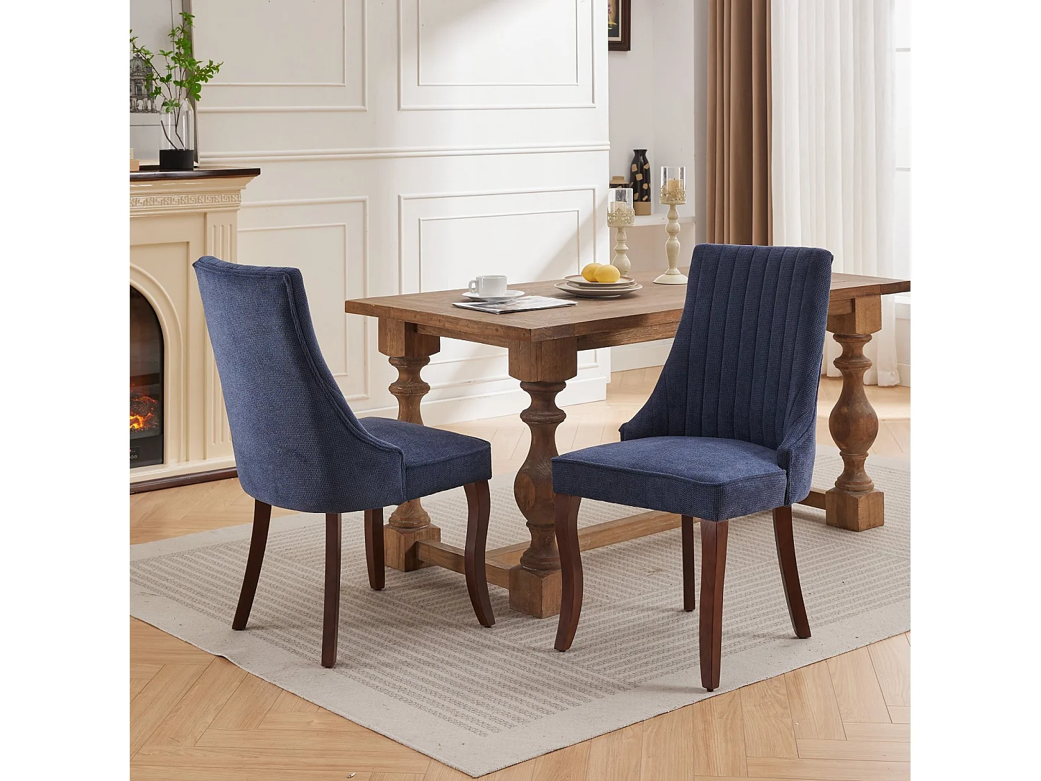 Lot de 2 chaises de salle à manger - Chaises avec pieds courbés en bois massif et dossiers rembourrés - chenille bleu